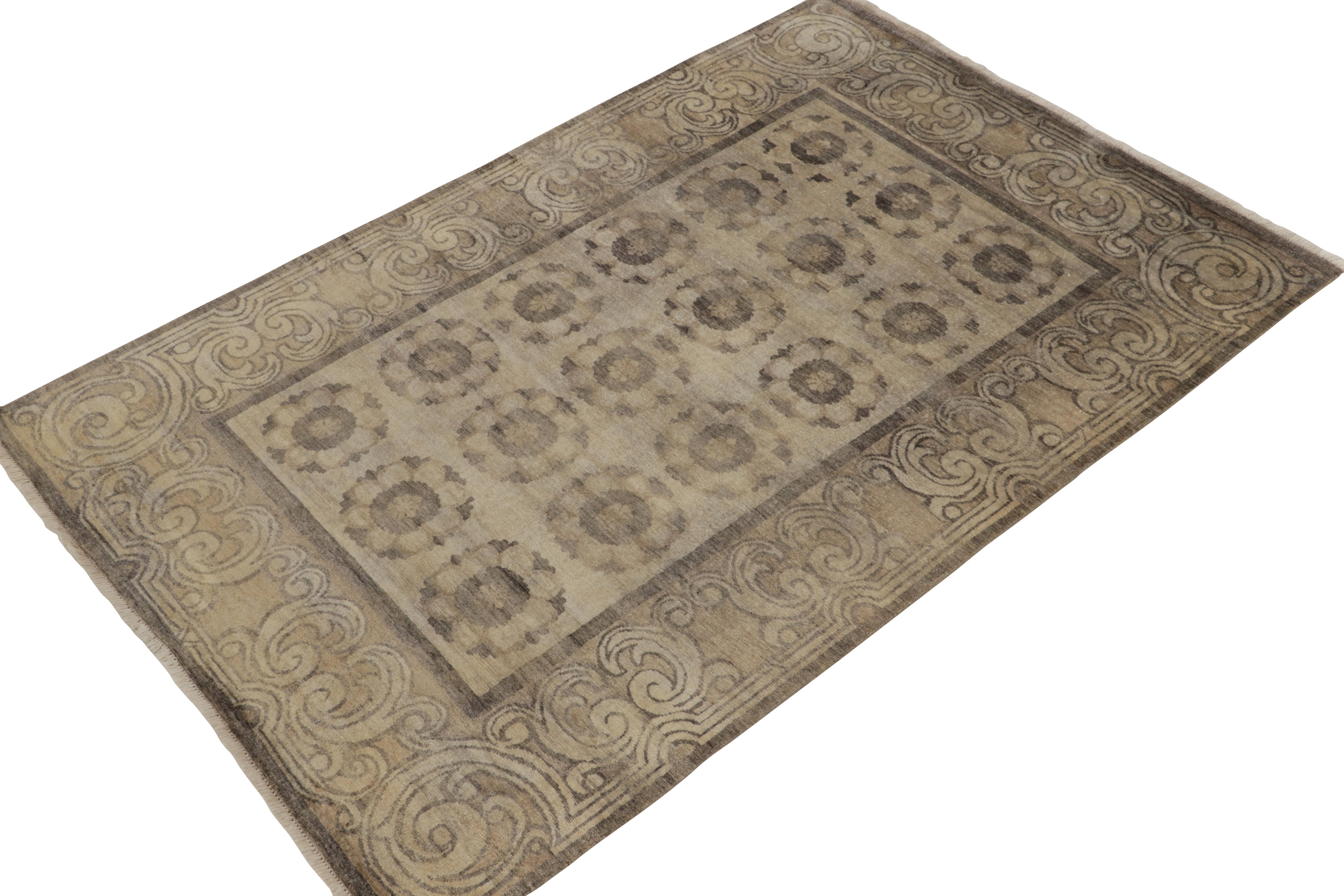 Handknotted in luxurious silk, this 6x9 rug from our Modern Classics collection is particularly inspired by antique Spanish Arts & Crafts rugs. 

On the Design: The scale revels in classic medallions and floral patterns relishing rich, comfortable