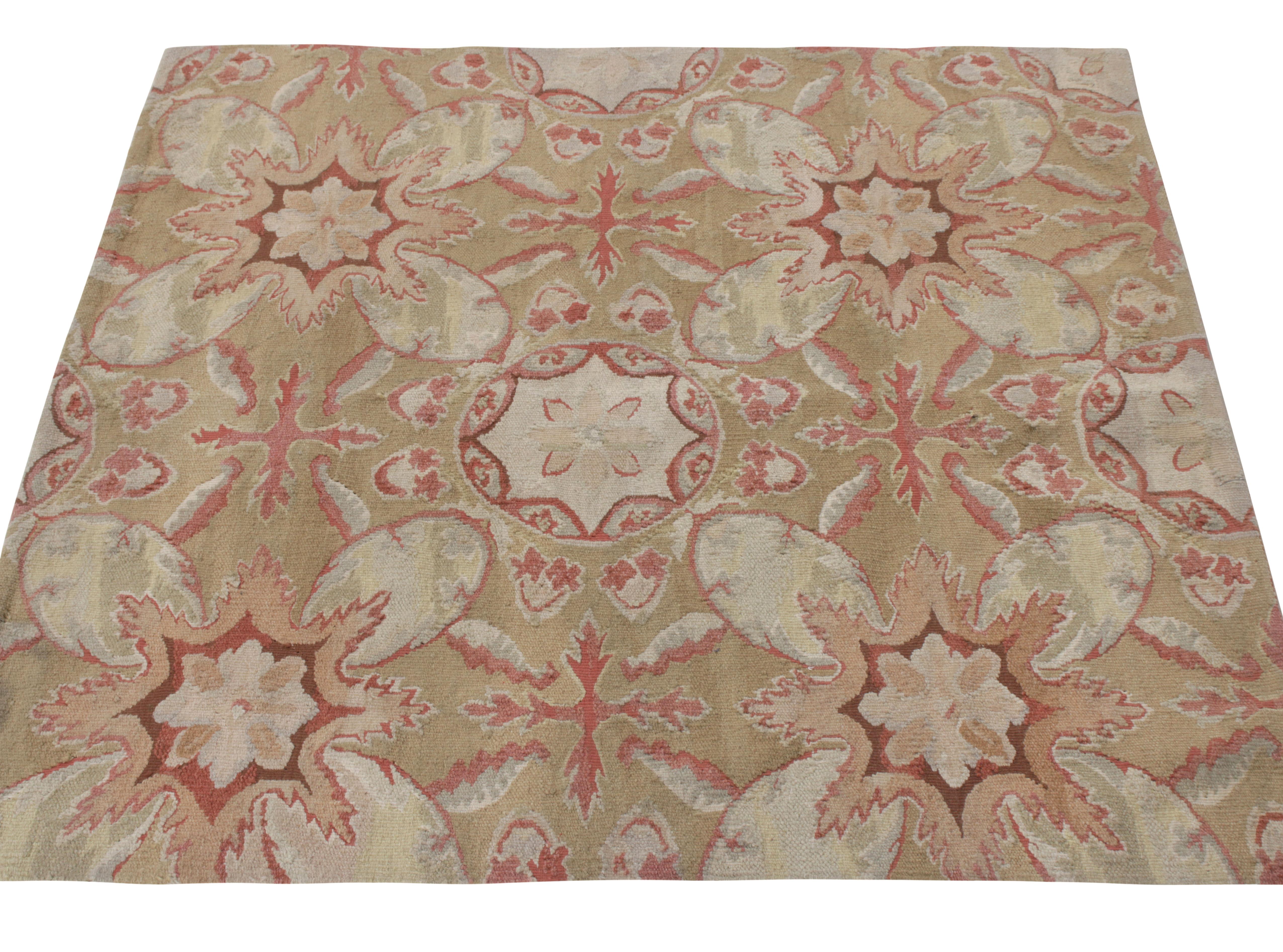 A square sized piece celebrating the 18th-century Aubusson tapestry weave styles, joining Rug & Kilim’s coveted European Collection. Hand wovem in wool and exemplifying neoclassical elegance, the rug features a gorgeous floral patterns in pink,
