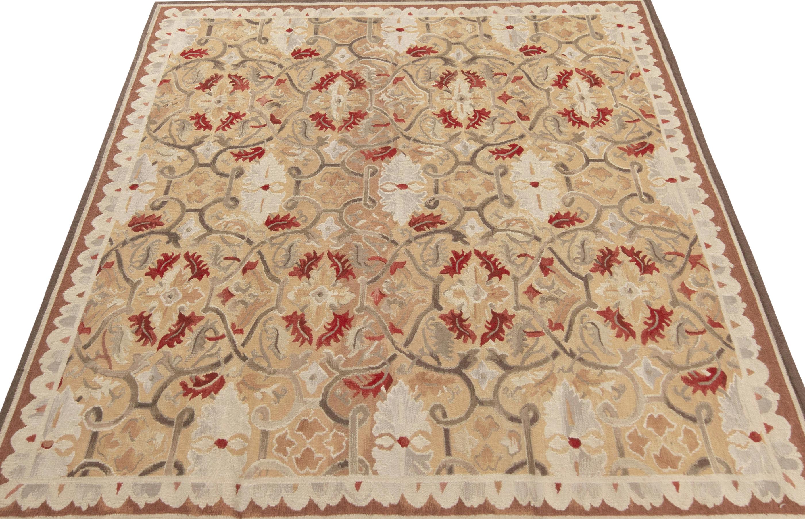 Handwoven in wool, a 7x8 celebration of18th century Aubusson tapestry weave style. Belonging to Rug & Kilim’s European rug collection, the field embraces an all over floral pattern that lauds transitional European aesthetics in a contemporary frame.