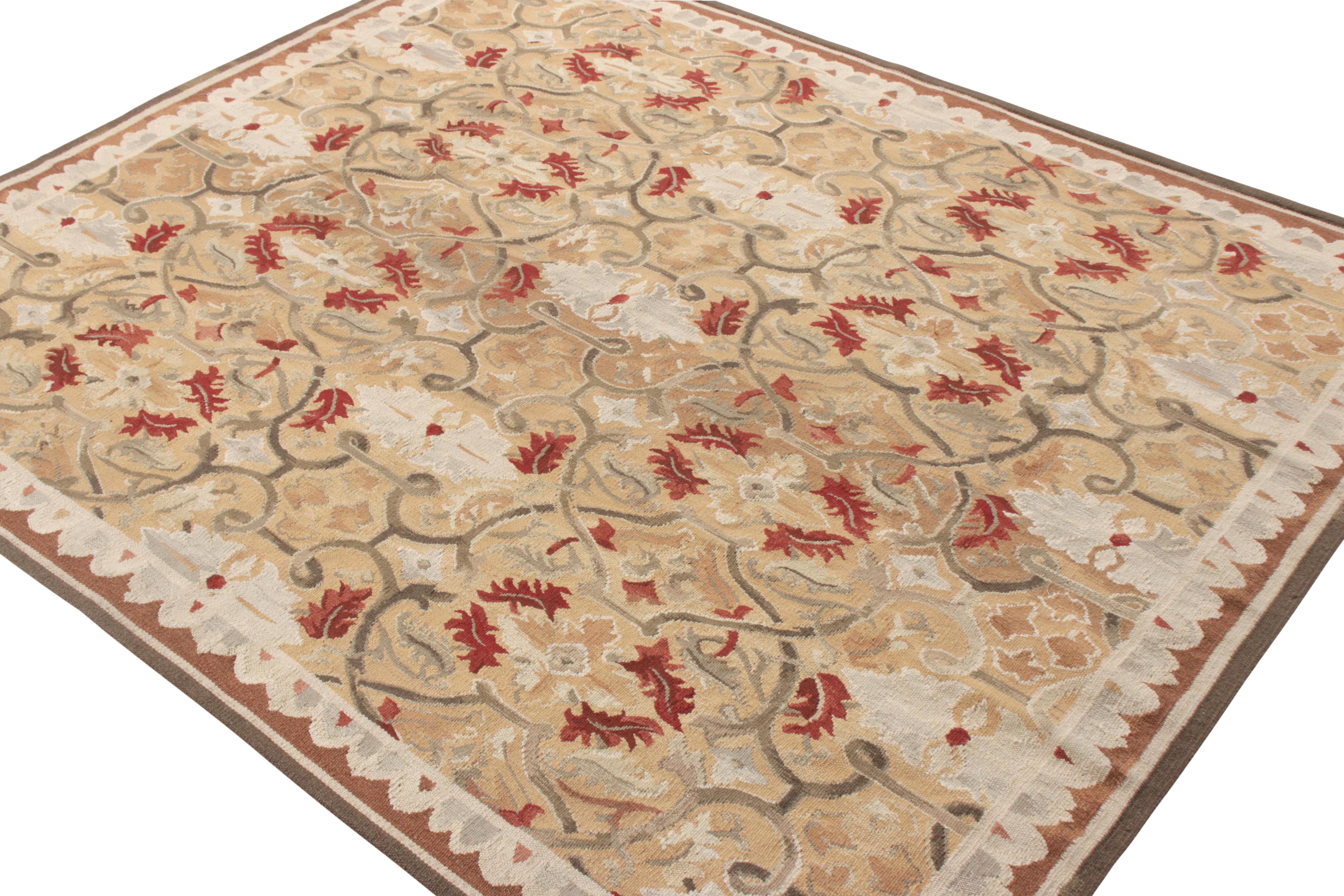 Chinese Rug & Kilim’s Aubusson Flat Weave Style Rug, Beige, Gray and Red Floral Pattern For Sale