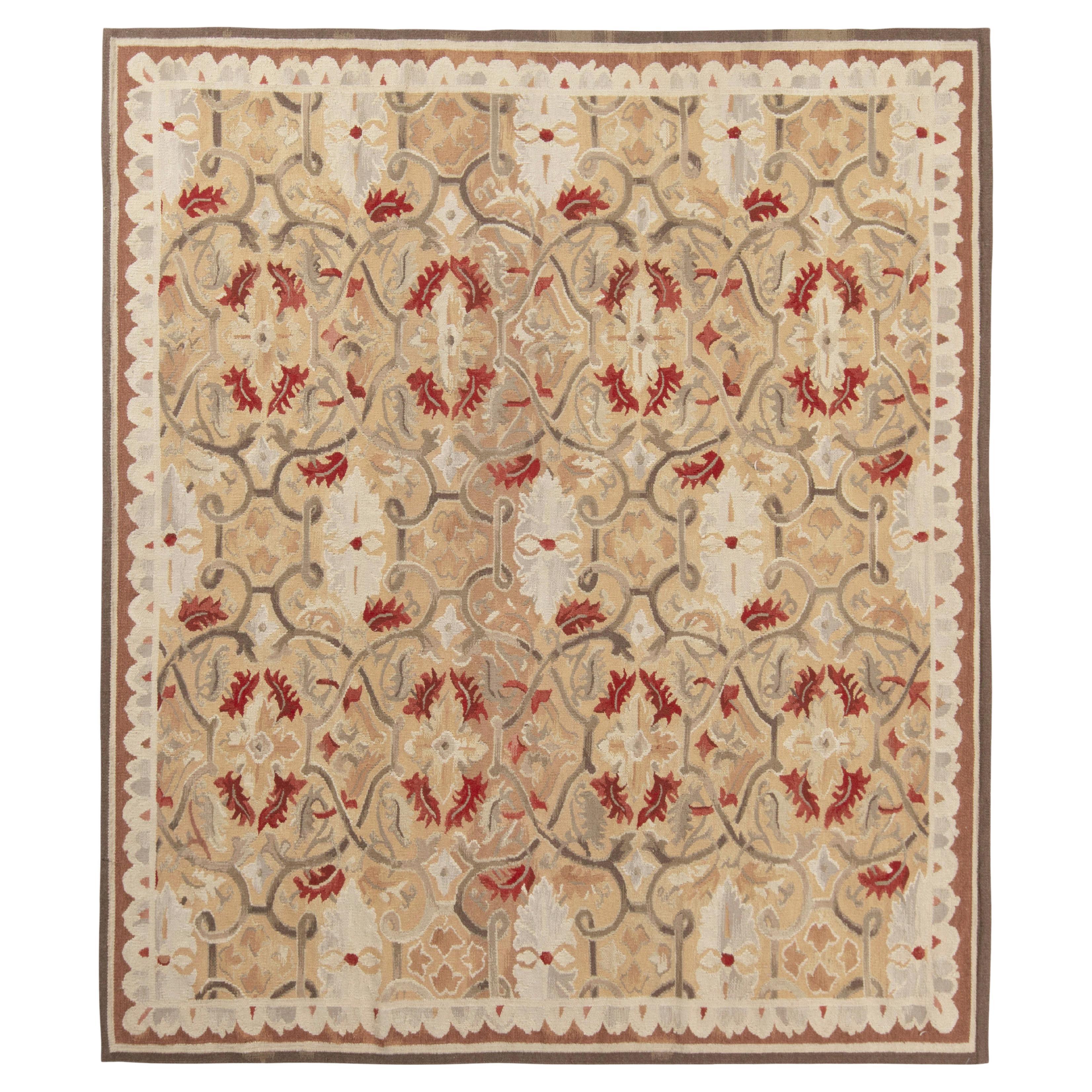 Rug & Kilim’s Aubusson Flat Weave Style Rug, Beige, Gray and Red Floral Pattern