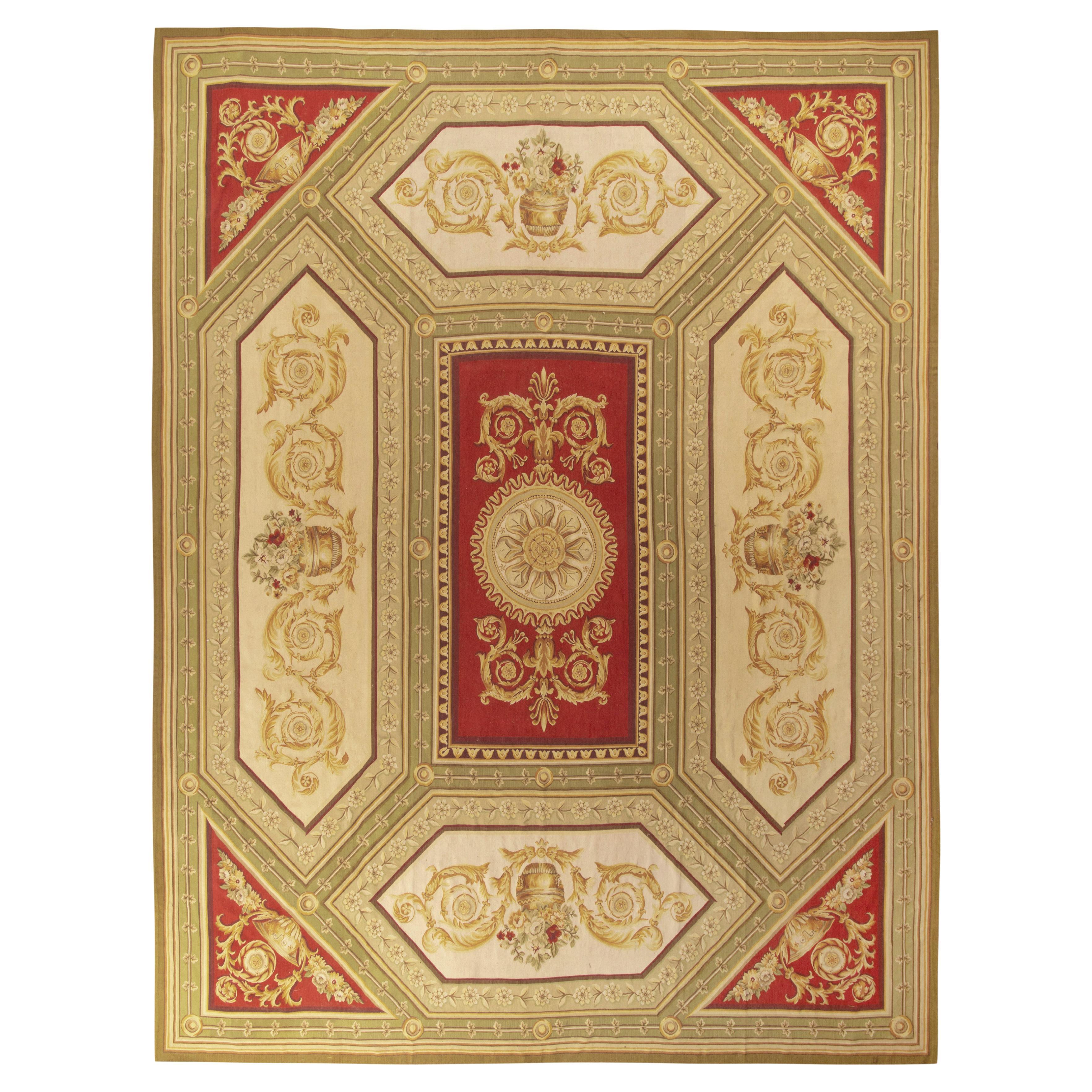 Rug & Kilim’s Aubusson Flat Weave Style Rug, Red and Green Floral Patterns For Sale