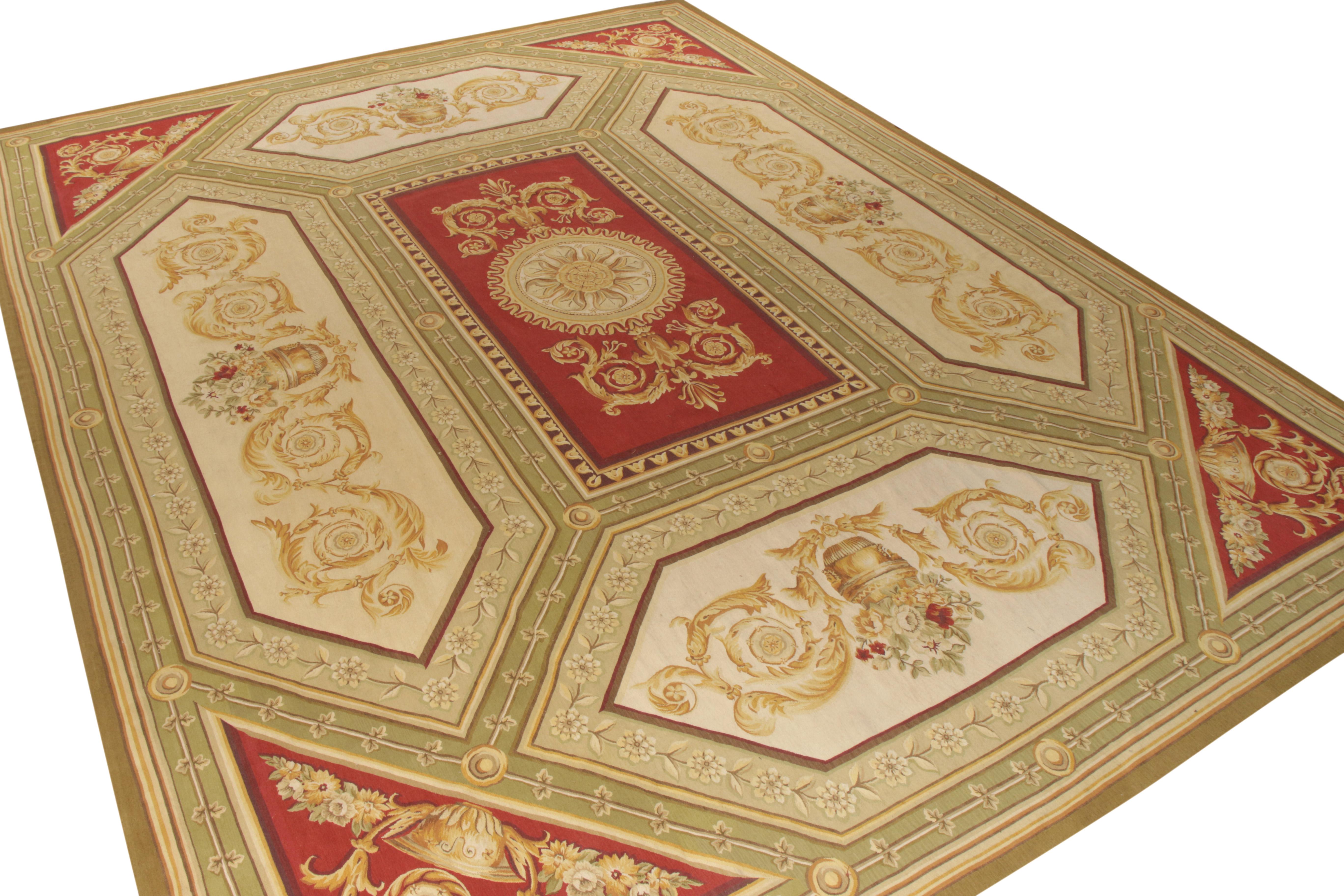 A 14x18 piece celebrating the 18th-Century Aubusson tapestry flat weave style, joining Rug & Kilim’s coveted European Collection. Handwoven in luscious wool, the rug features a regal floral and pictorial pattern with vases and garland scrolls of
