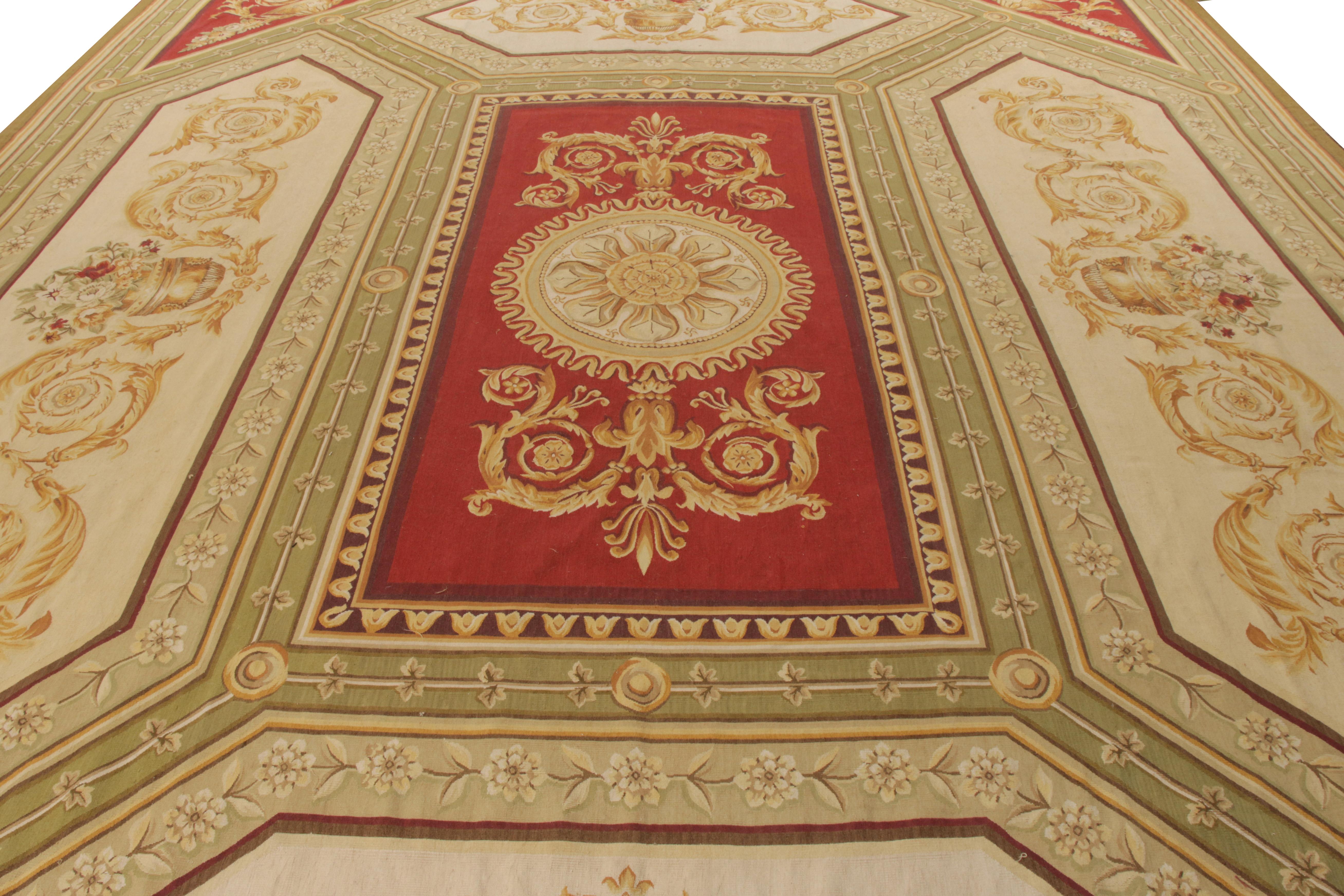 Chinese Rug & Kilim’s Aubusson Flat Weave Style Rug, Red and Green Floral Patterns.0 For Sale