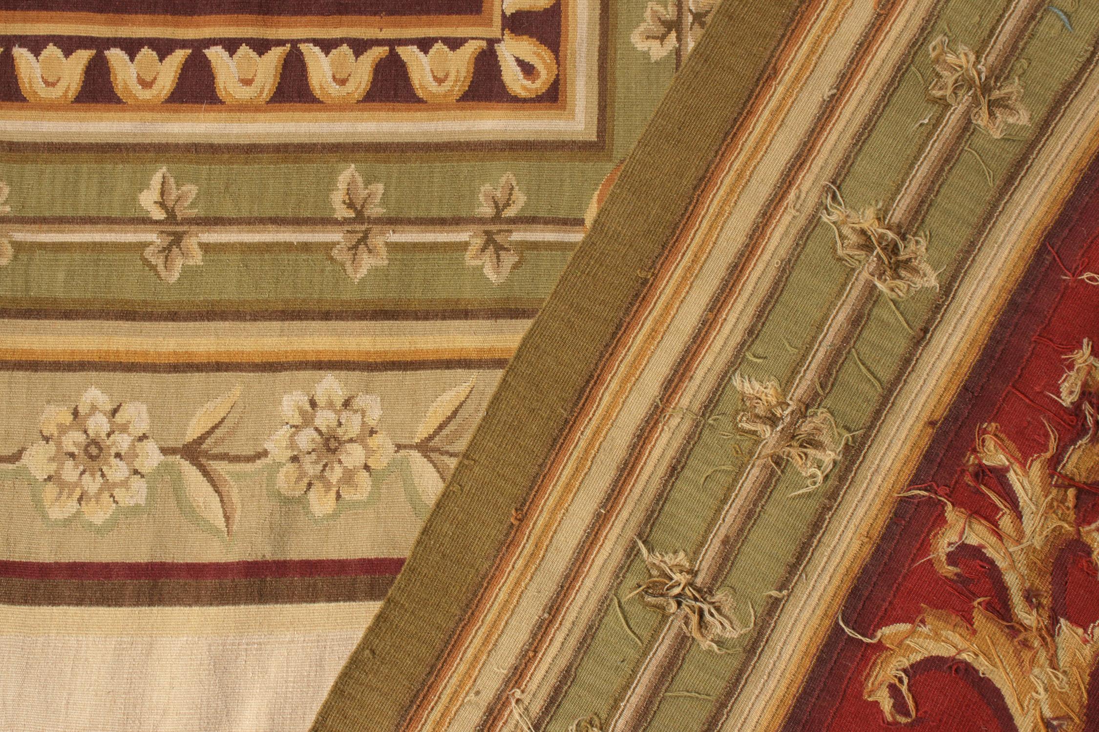 Contemporary Rug & Kilim’s Aubusson Flat Weave Style Rug, Red and Green Floral Patterns.0 For Sale