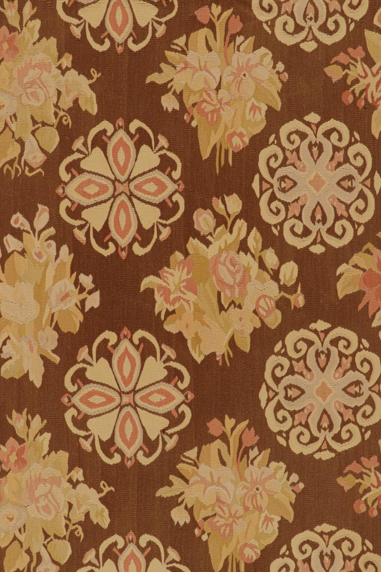 Chinese Rug & Kilim’s Aubusson Flatweave Style Rug in Brown with Beige Floral Patterns For Sale