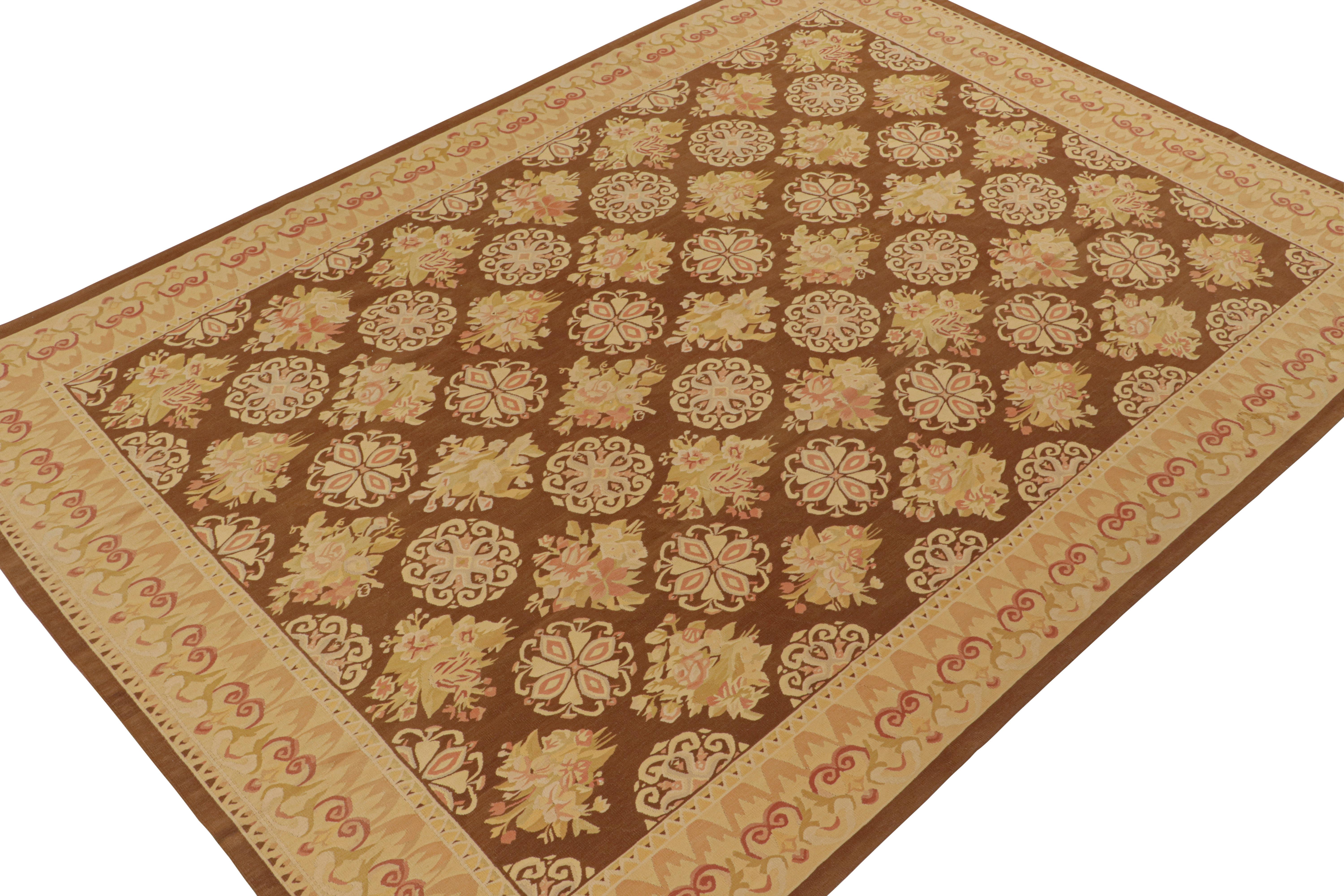 Hand-Knotted Rug & Kilim’s Aubusson Flatweave Style Rug in Brown with Beige Floral Patterns For Sale