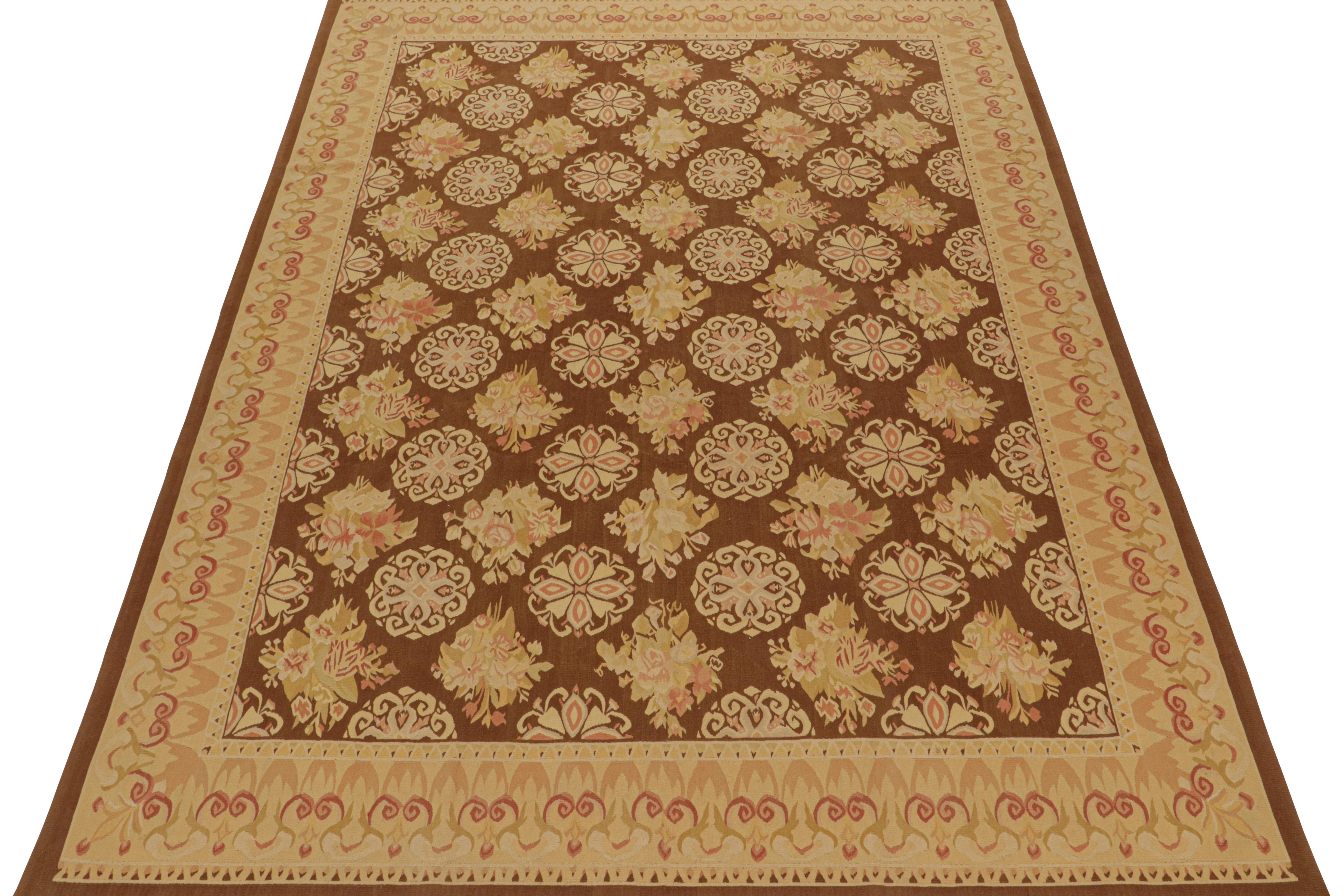 Rug & Kilim’s Aubusson Flatweave Style Rug in Brown with Beige Floral Patterns In New Condition For Sale In Long Island City, NY