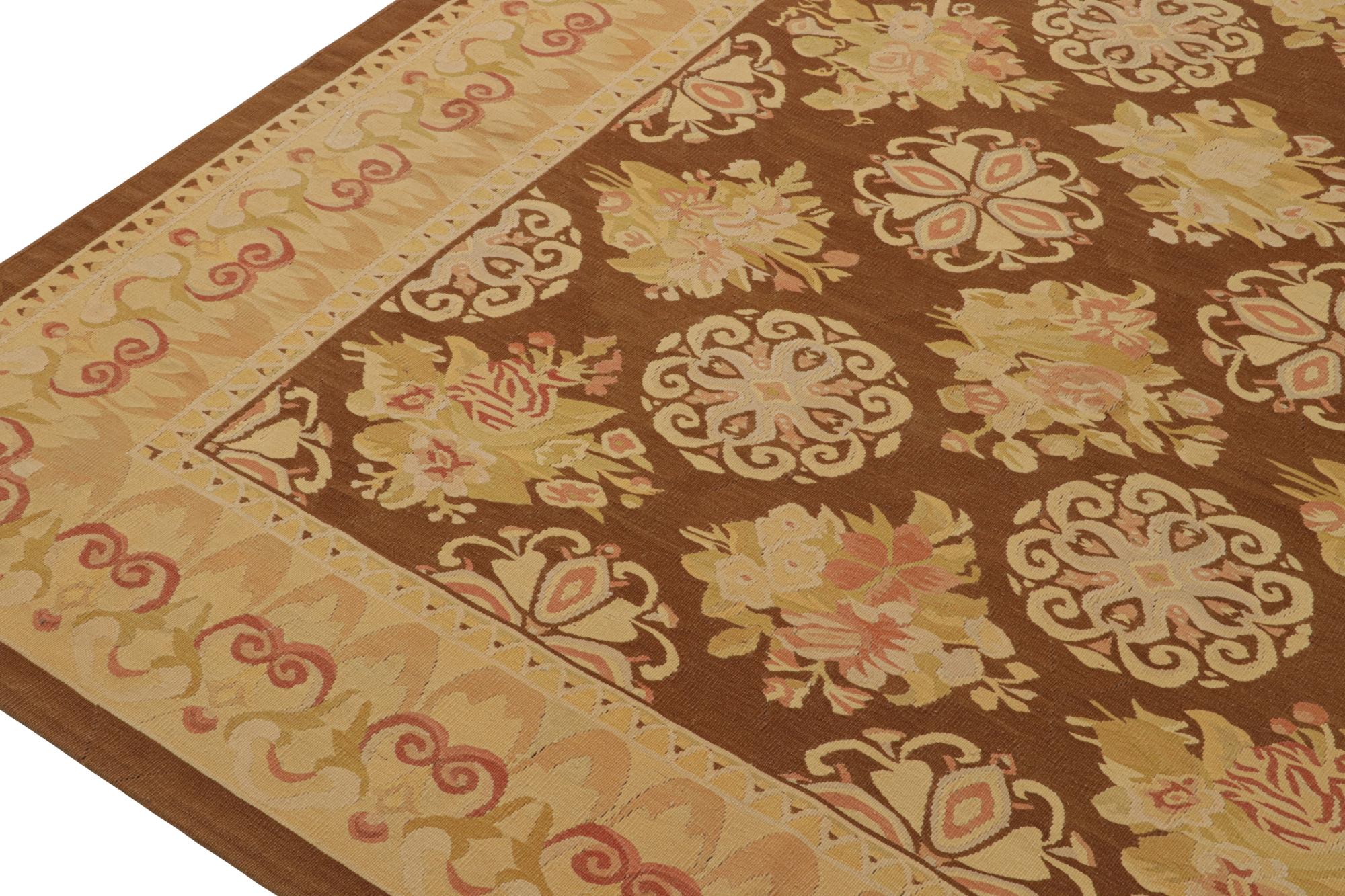 Wool Rug & Kilim’s Aubusson Flatweave Style Rug in Brown with Beige Floral Patterns For Sale