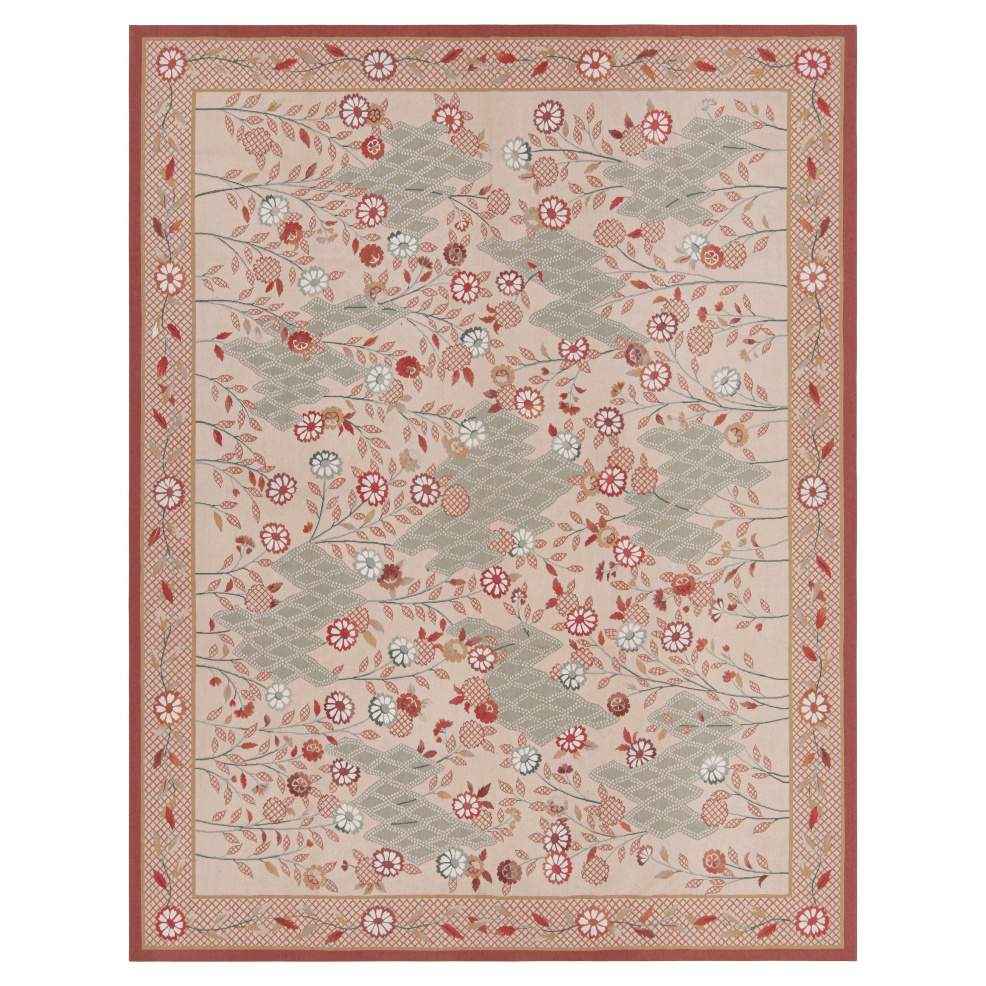 Rug & Kilim's Aubusson Rug, Cream with Red and Sage Floral Patterns For Sale