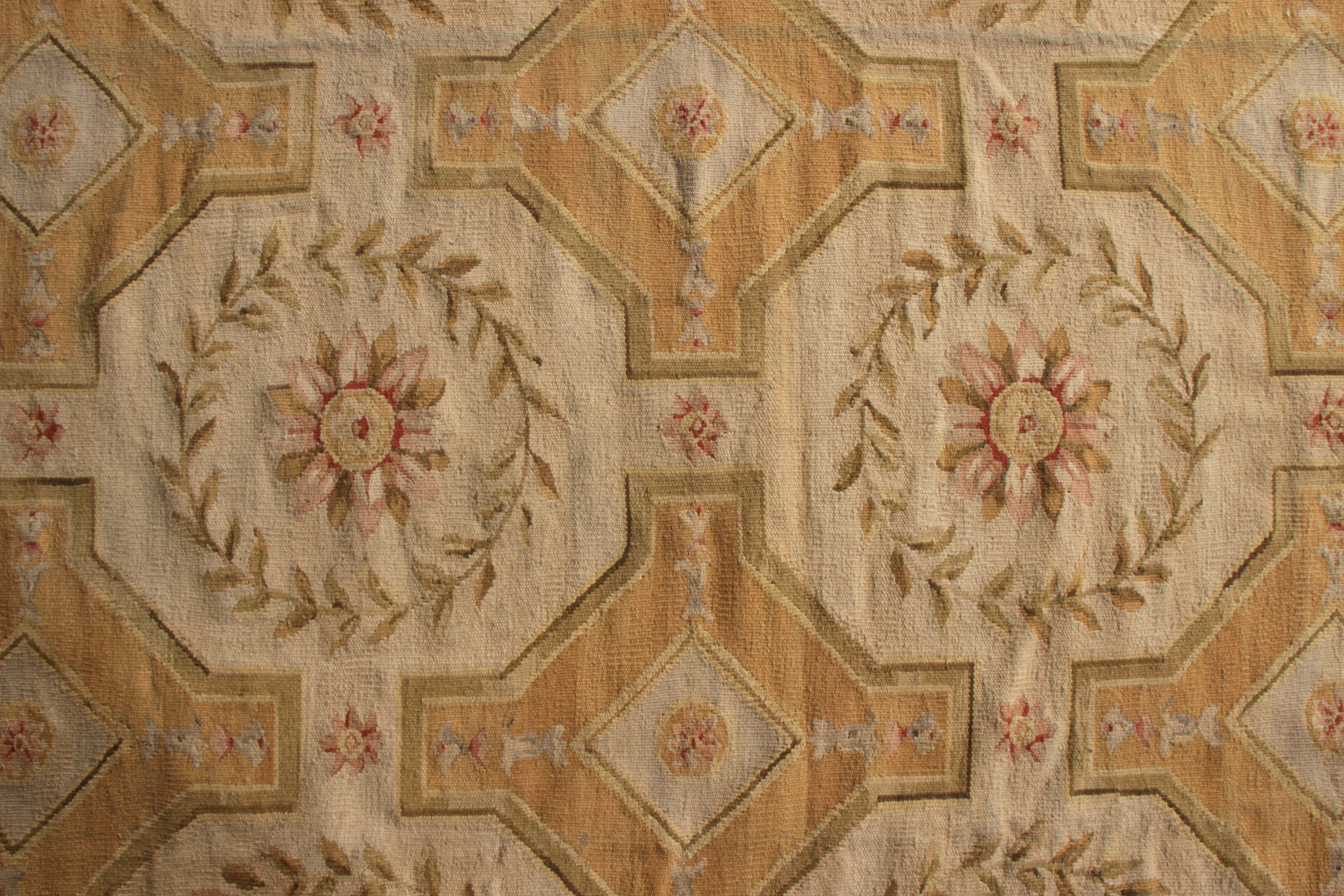 Chinese Rug & Kilim's Aubusson Style Flat Weave Beige-Brown Floral Pattern For Sale