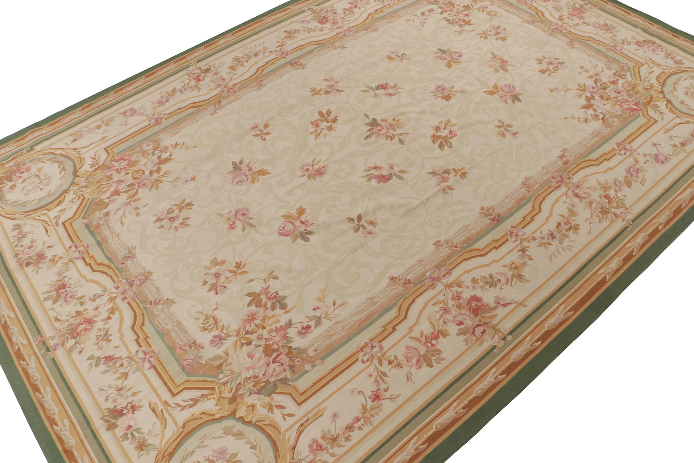 Chinese Rug & Kilim’s Aubusson style Flat Weave in Beige, Brown and Pink Floral Pattern For Sale