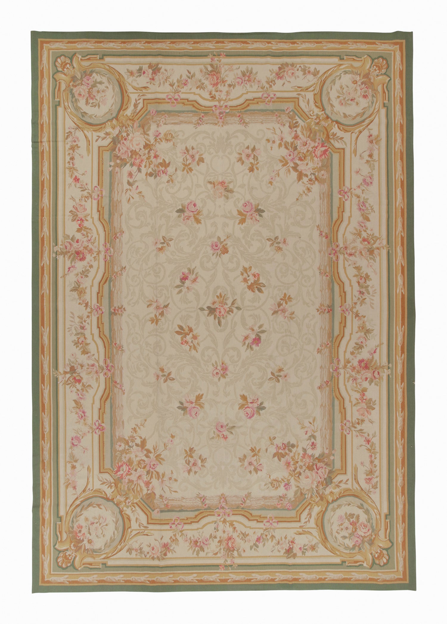 Tapis et Kilim à tissage plat de style Aubusson en motif floral beige, brun et rose