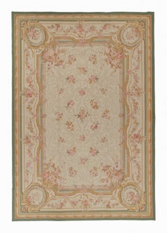 Rug & Kilim’s Aubusson style Flat Weave in Beige, Brown and Pink Floral Pattern