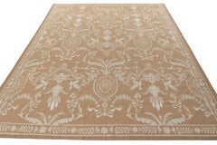 Rug & Kilim’s Aubusson Style Flat Weave in Beige-Brown, White Floral Pattern