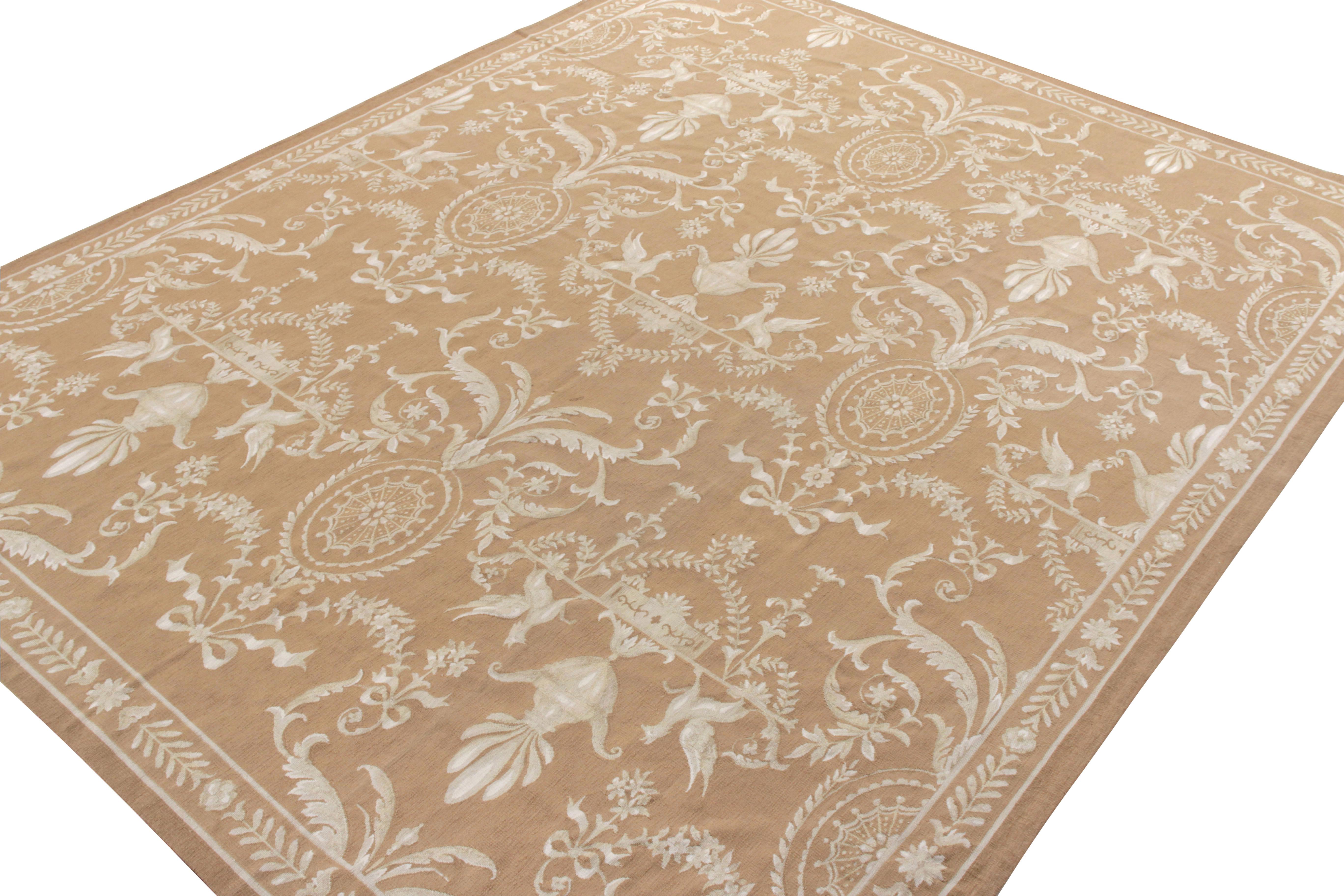 Chinese Rug & Kilim’s Aubusson Style Flat Weave in Beige-Brown, White Floral Pattern For Sale