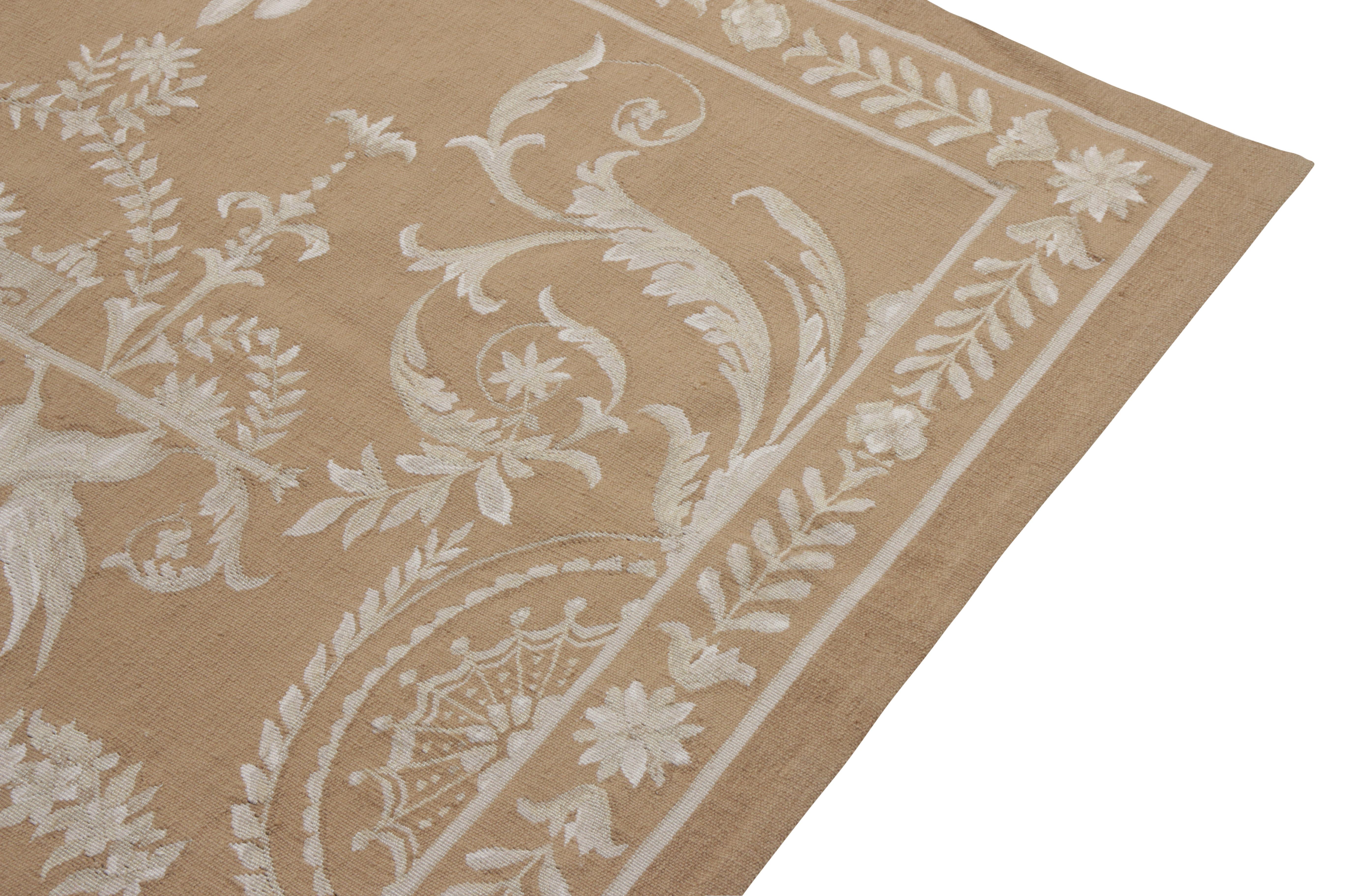 Hand-Knotted Rug & Kilim’s Aubusson Style Flat Weave in Beige-Brown, White Floral Pattern For Sale