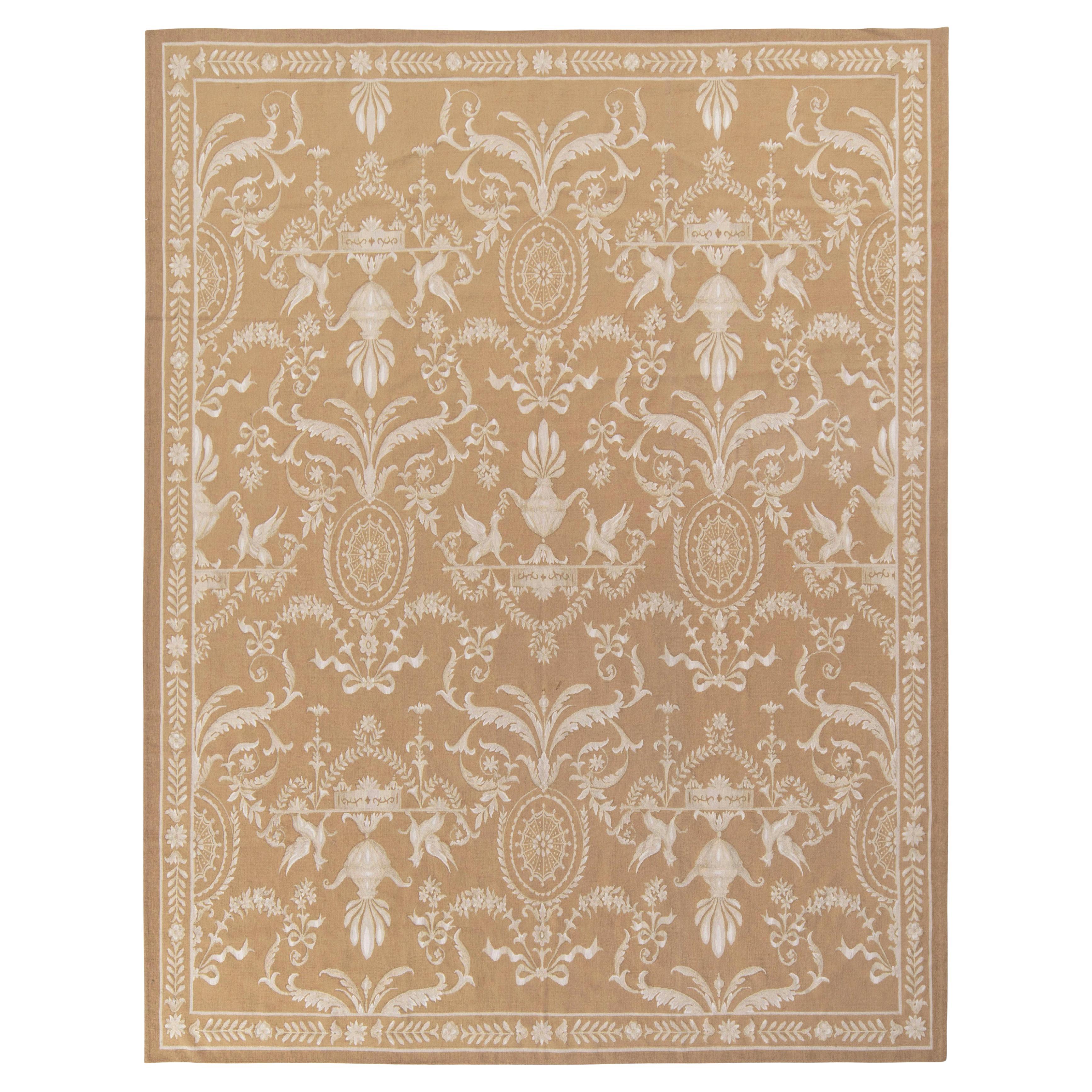 Rug & Kilim’s Aubusson Style Flat Weave in Beige-Brown, White Floral Pattern For Sale