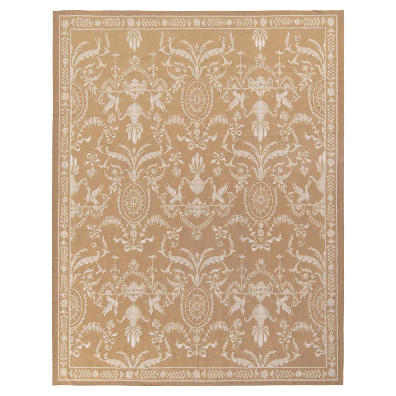 Rug and Kilim’s Aubusson Style Flat Weave in Beige-Brown, White Floral ...
