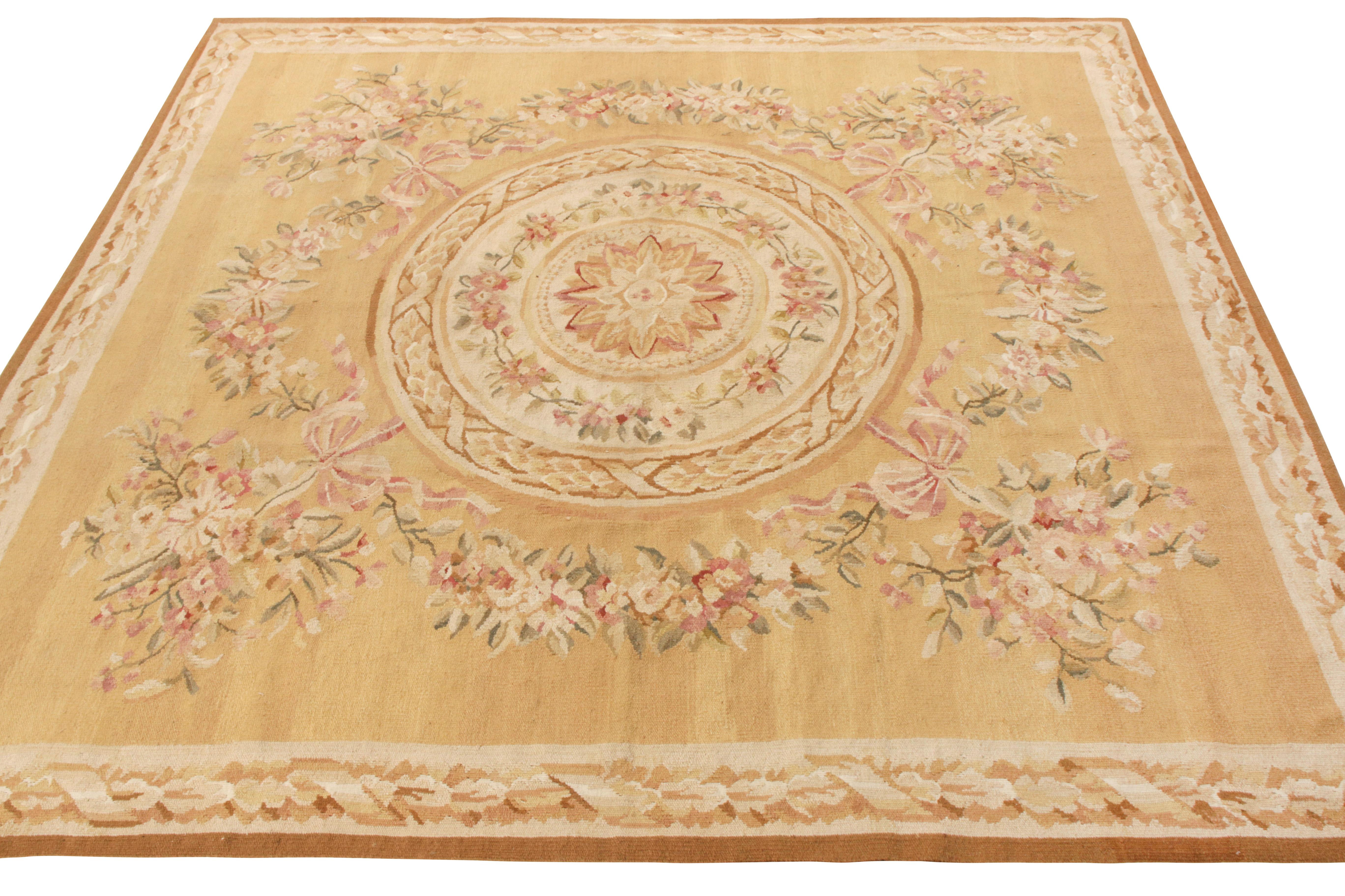 An 8x8 ode to the celebrated 18th-Century Aubusson tapestry flat weave style from Rug & Kilim’s European Collection. Handwoven in wool, this neoclassical rug inspiration enjoys a visually arresting medallion floral pattern in beige-brown, accented