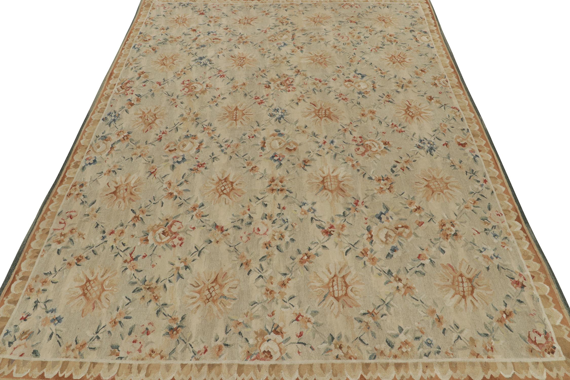 Chinese Rug & Kilim’s Aubusson style Flat Weave in Beige, Gold, Blue Floral Pattern For Sale