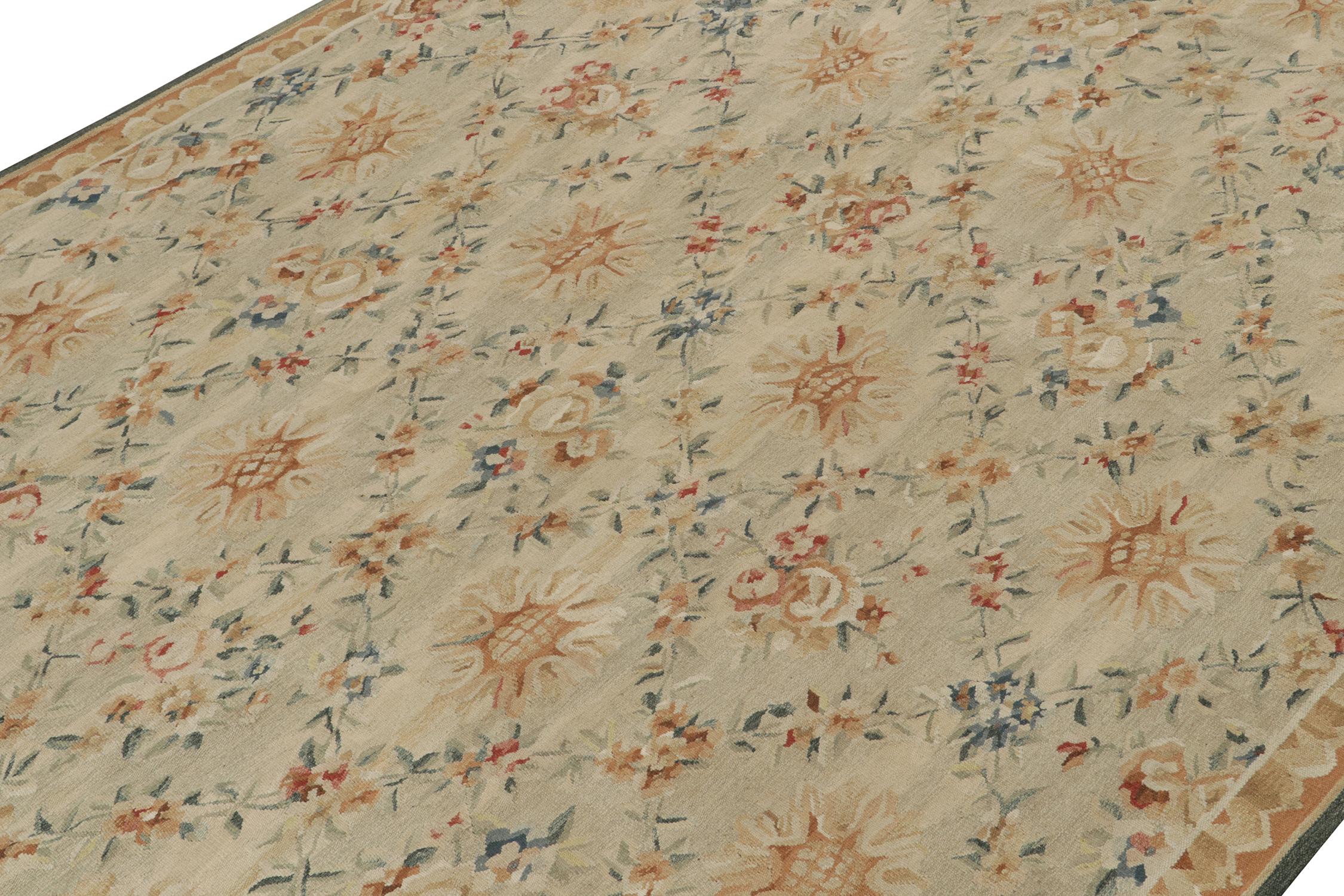 Hand-Knotted Rug & Kilim’s Aubusson style Flat Weave in Beige, Gold, Blue Floral Pattern For Sale