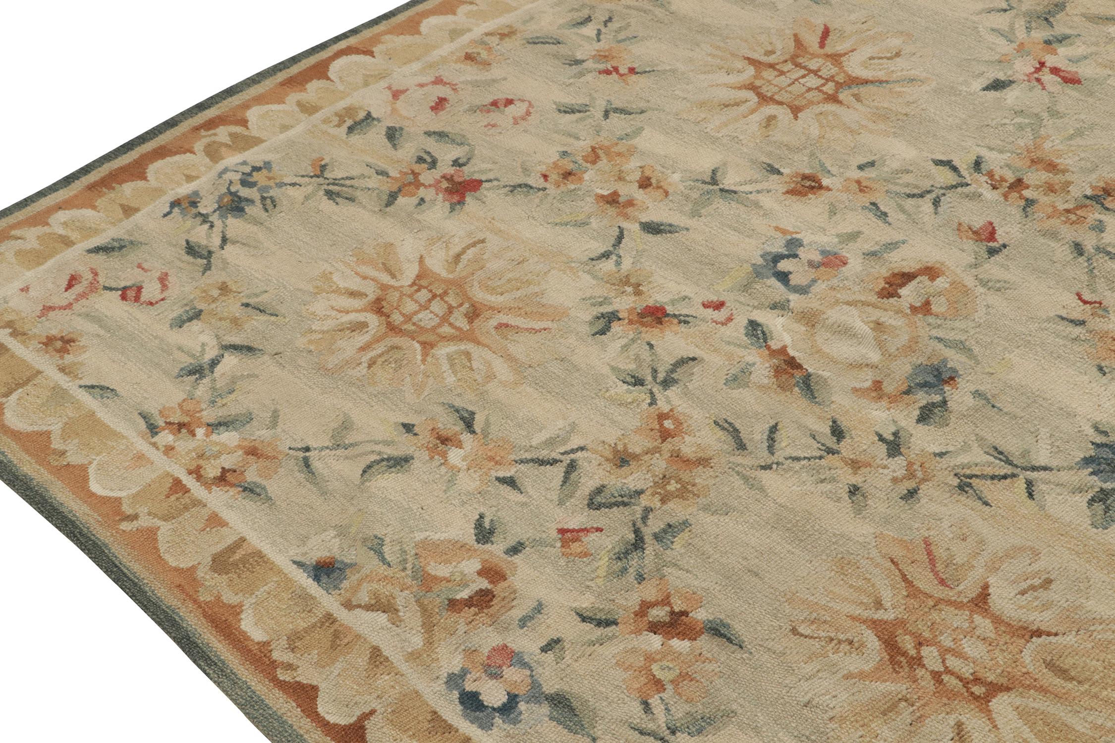 Rug & Kilim’s Aubusson style Flat Weave in Beige, Gold, Blue Floral Pattern In New Condition For Sale In Long Island City, NY
