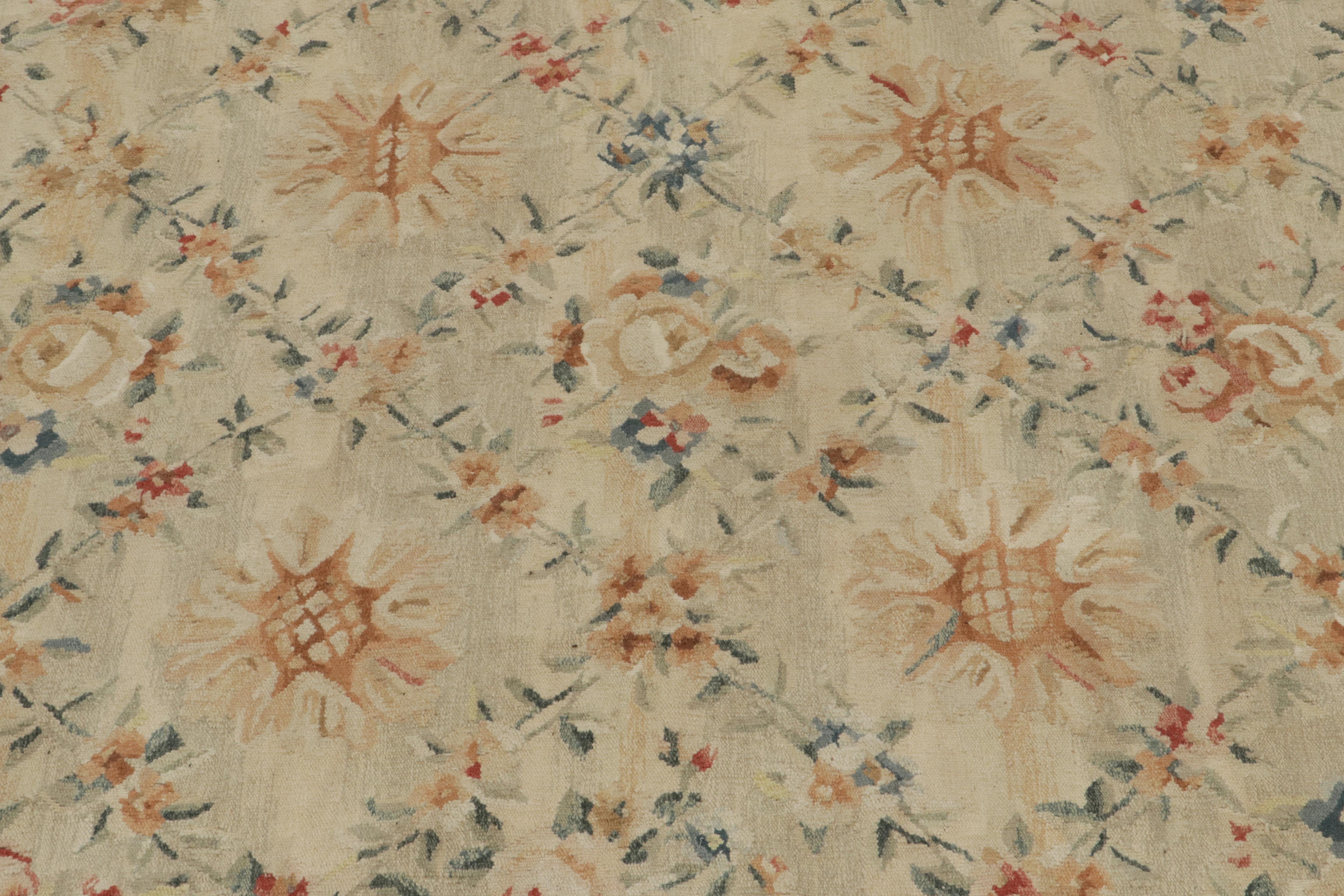 Contemporary Rug & Kilim’s Aubusson style Flat Weave in Beige, Gold, Blue Floral Pattern For Sale