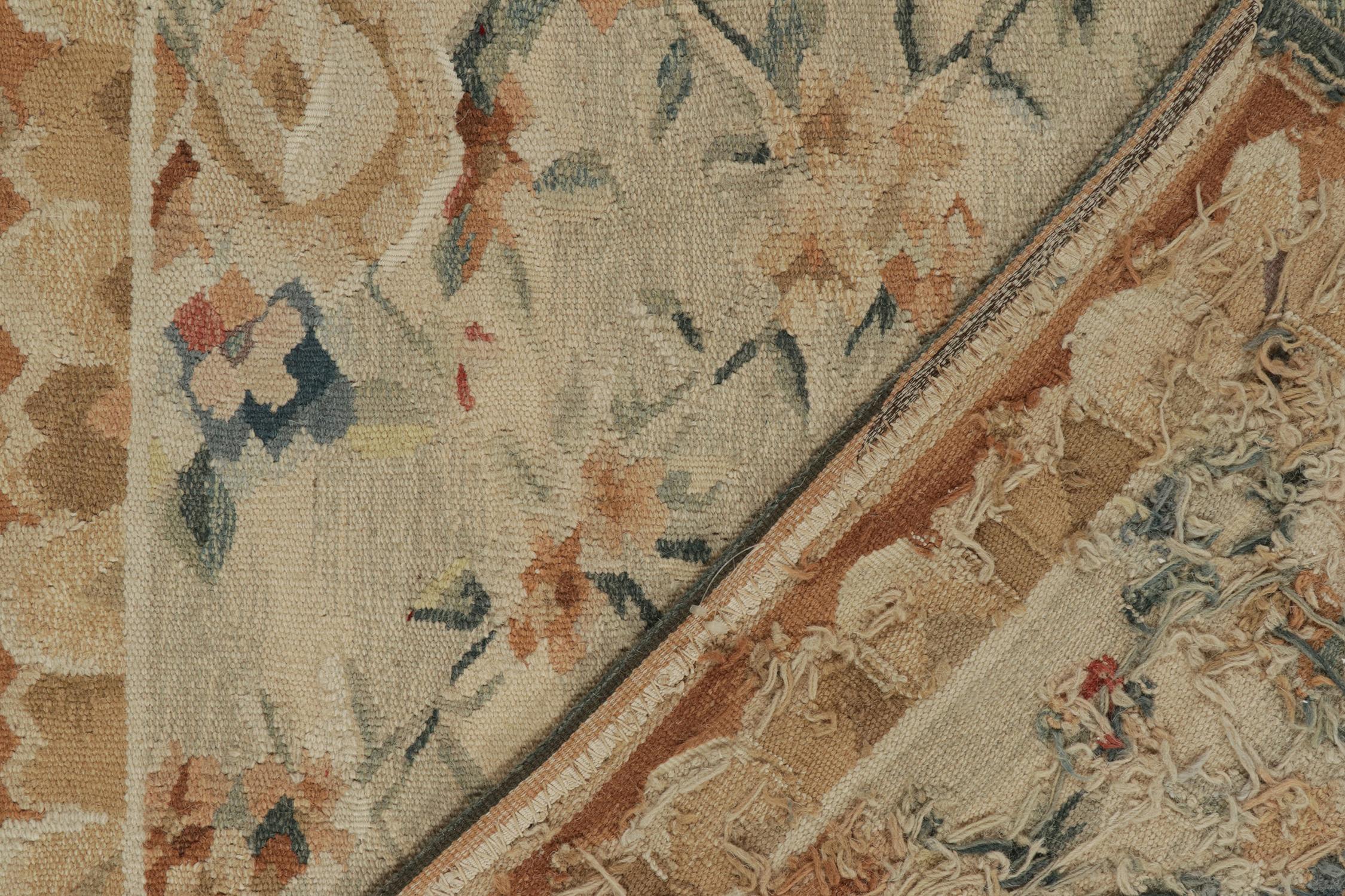 Wool Rug & Kilim’s Aubusson style Flat Weave in Beige, Gold, Blue Floral Pattern For Sale