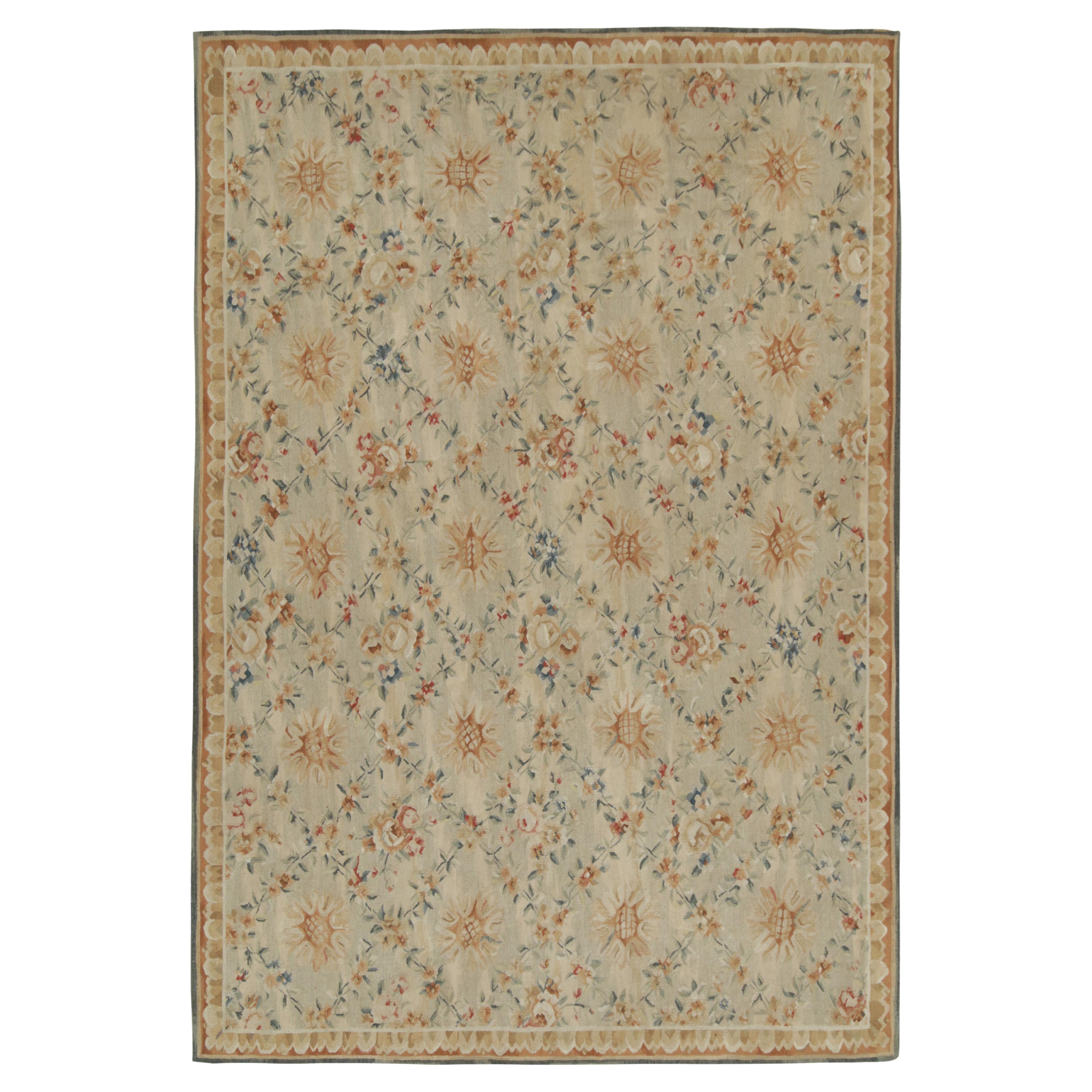 Rug & Kilim’s Aubusson style Flat Weave in Beige, Gold, Blue Floral Pattern For Sale