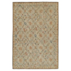 Rug & Kilim’s Aubusson style Flat Weave in Beige, Gold, Blue Floral Pattern