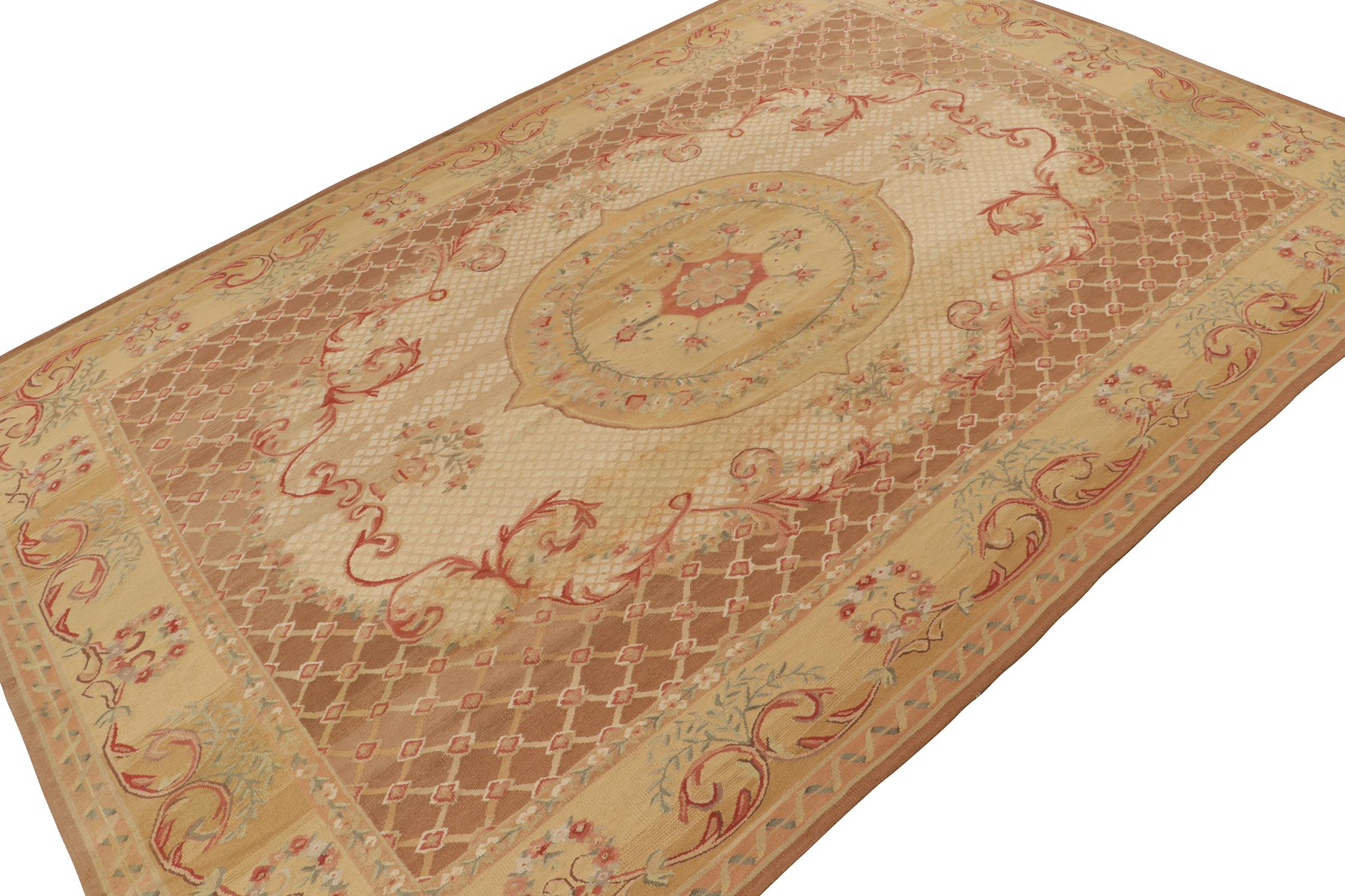 Chinese Rug & Kilim’s Aubusson style Flat Weave in Brown, Gold and Red Floral Medallion For Sale
