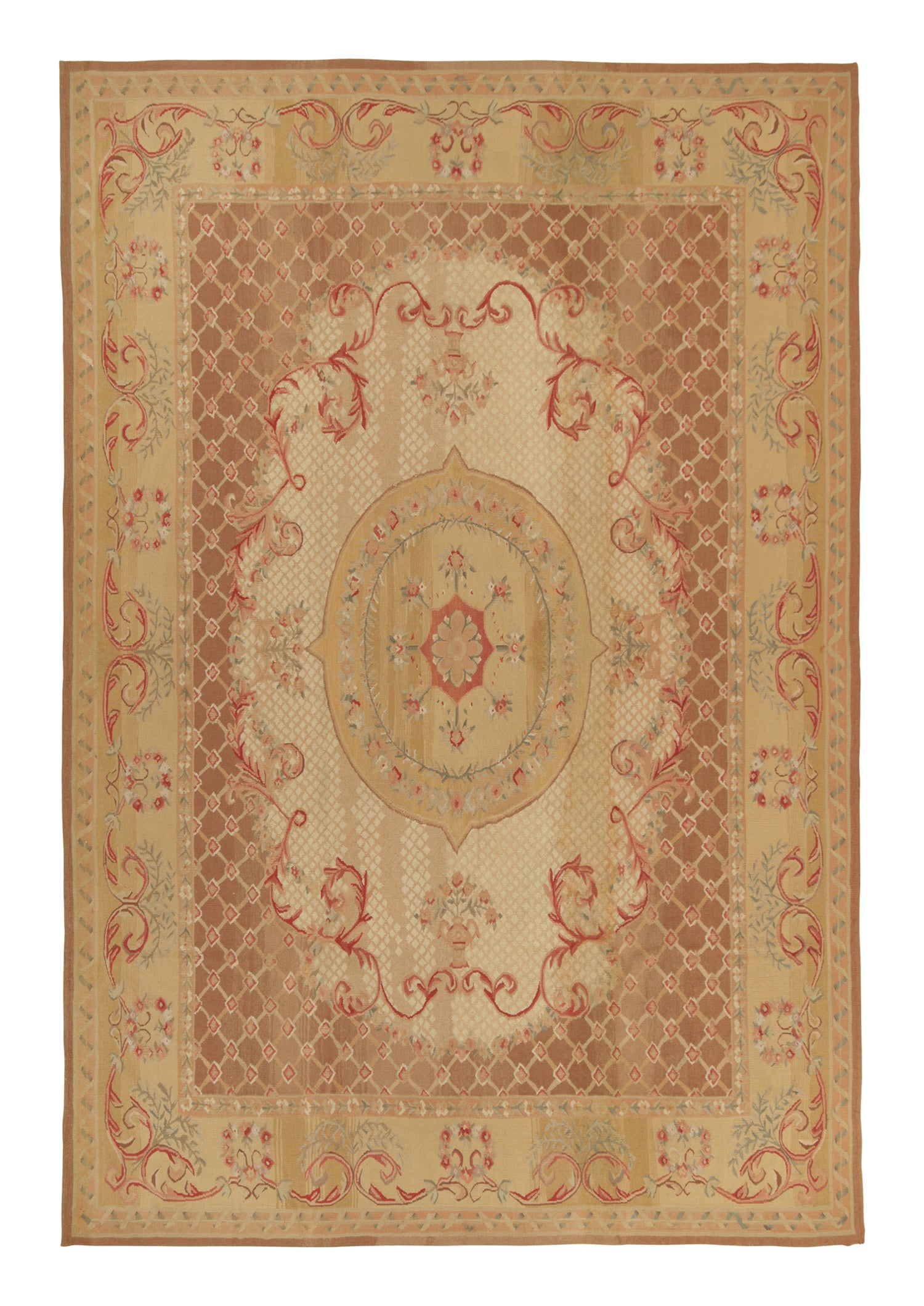 Rug & Kilim’s Aubusson style Flat Weave in Brown, Gold and Red Floral Medallion