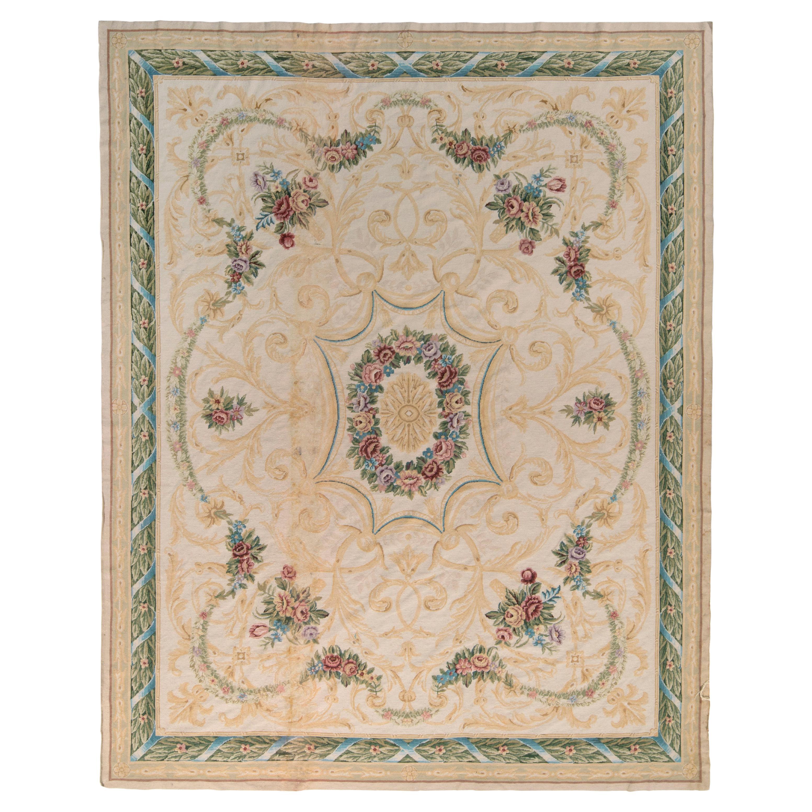 Rug & Kilim’s Aubusson Style Flat Weave Rug in Beige, Green Medallion Pattern For Sale