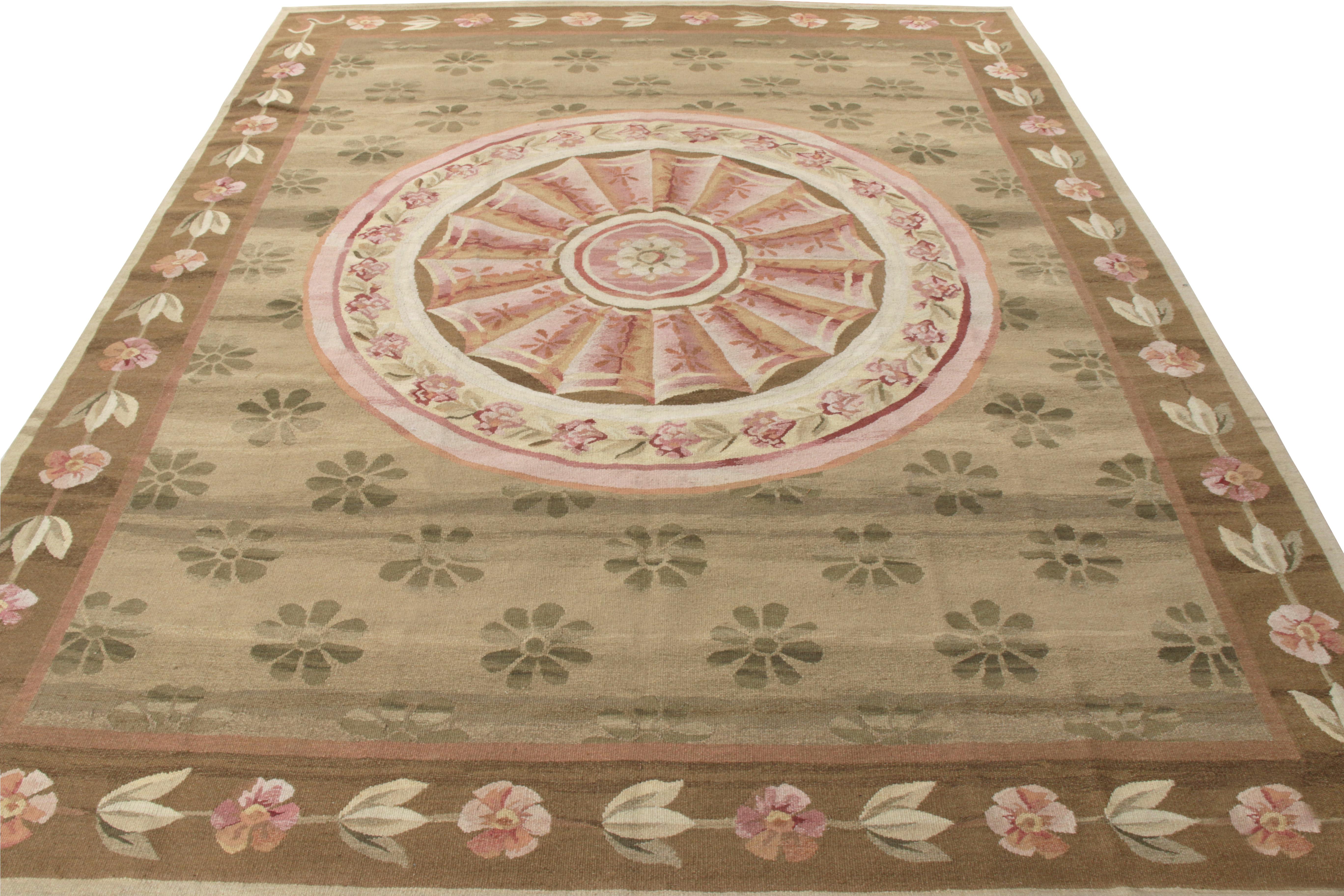 An 8x10 ode to celebrated 18th-century Aubusson flat weave styles, joining Rug & Kilim’s coveted European Collection. Handwoven in wool with a scale exemplifying neoclassical elegance, the rug showcases a central floral pattern in cream and pink