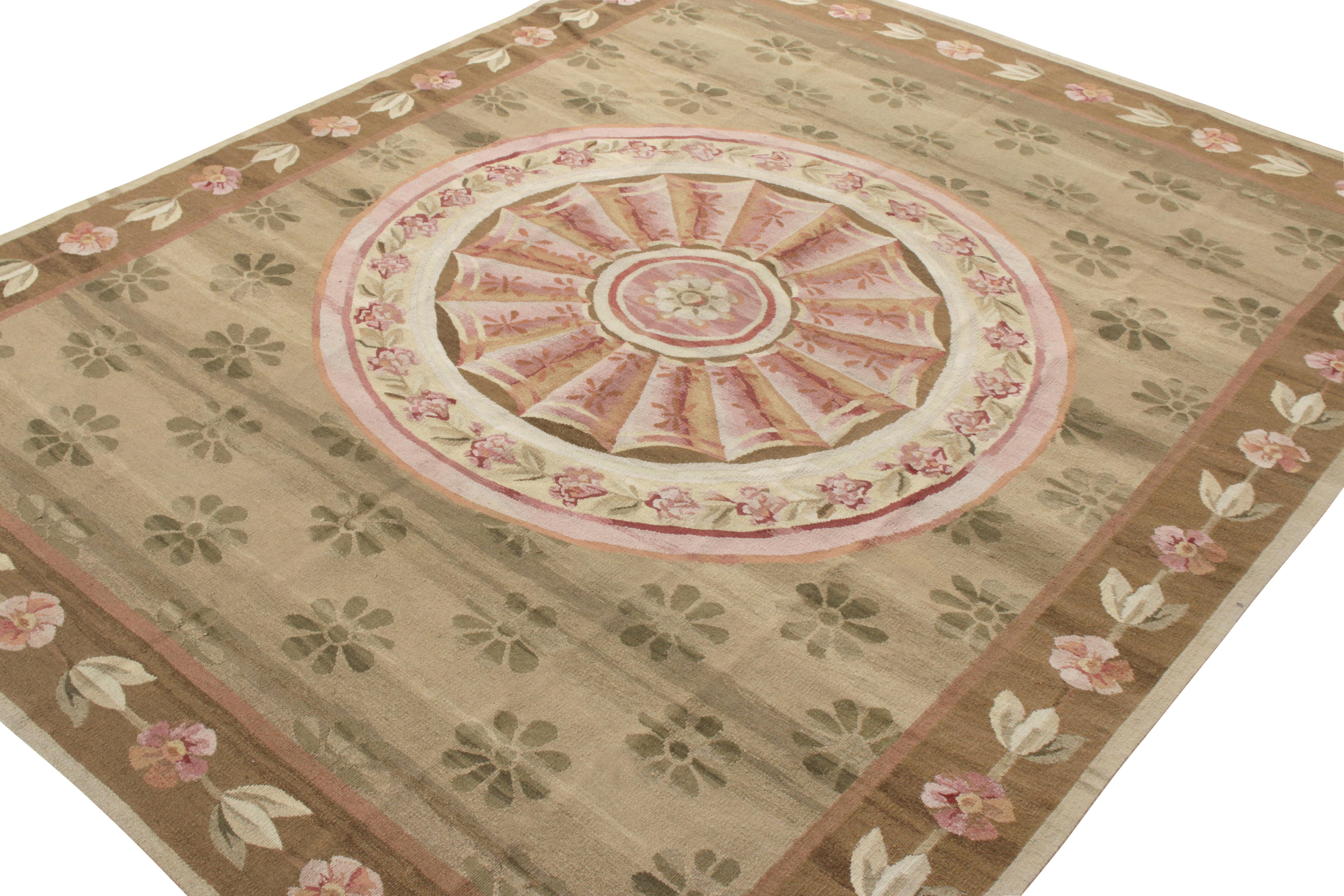 Chinese Rug & Kilim’s Aubusson Style Flatweave, Brown, Green, Pink Medallion Pattern For Sale