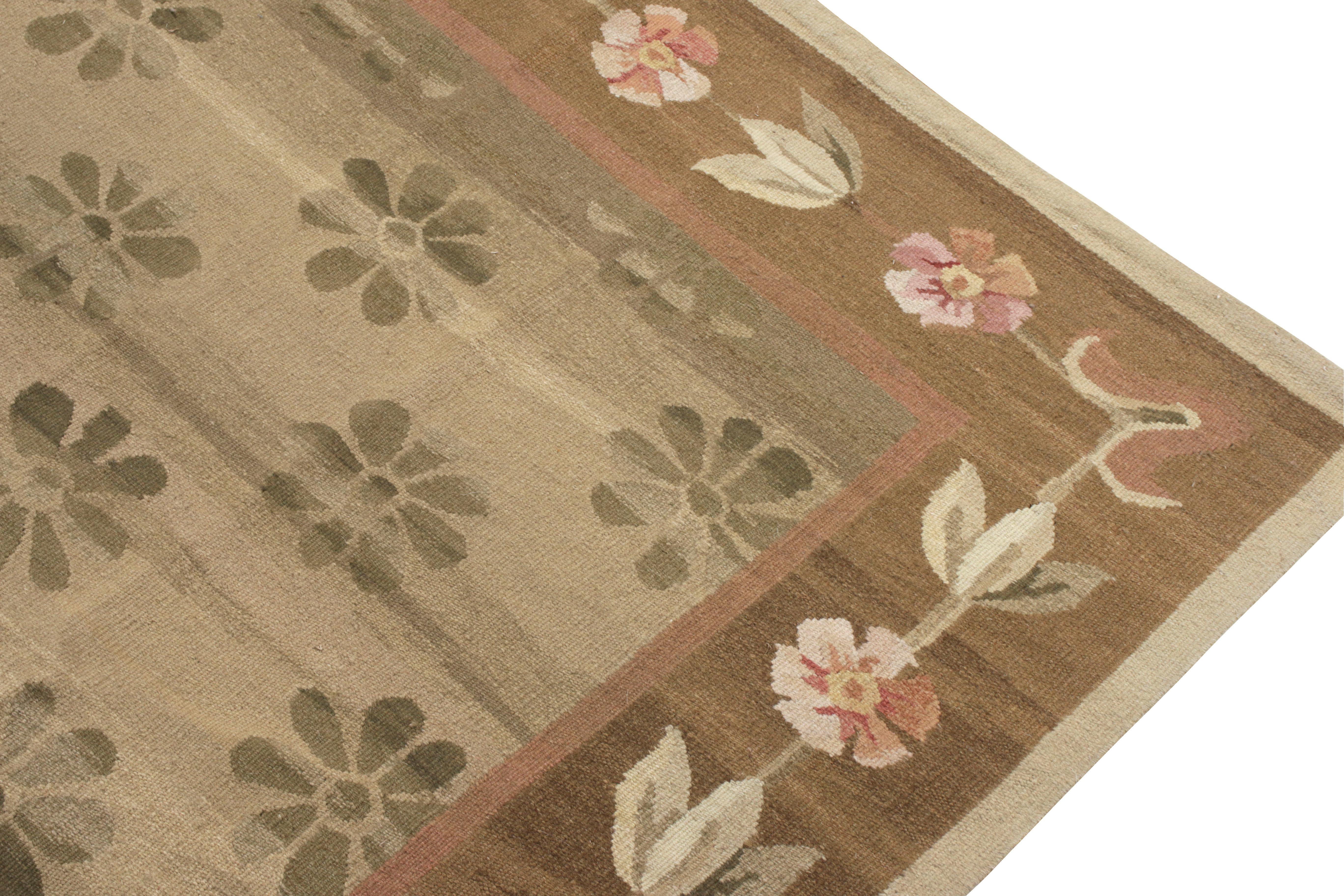 Hand-Knotted Rug & Kilim’s Aubusson Style Flatweave, Brown, Green, Pink Medallion Pattern For Sale