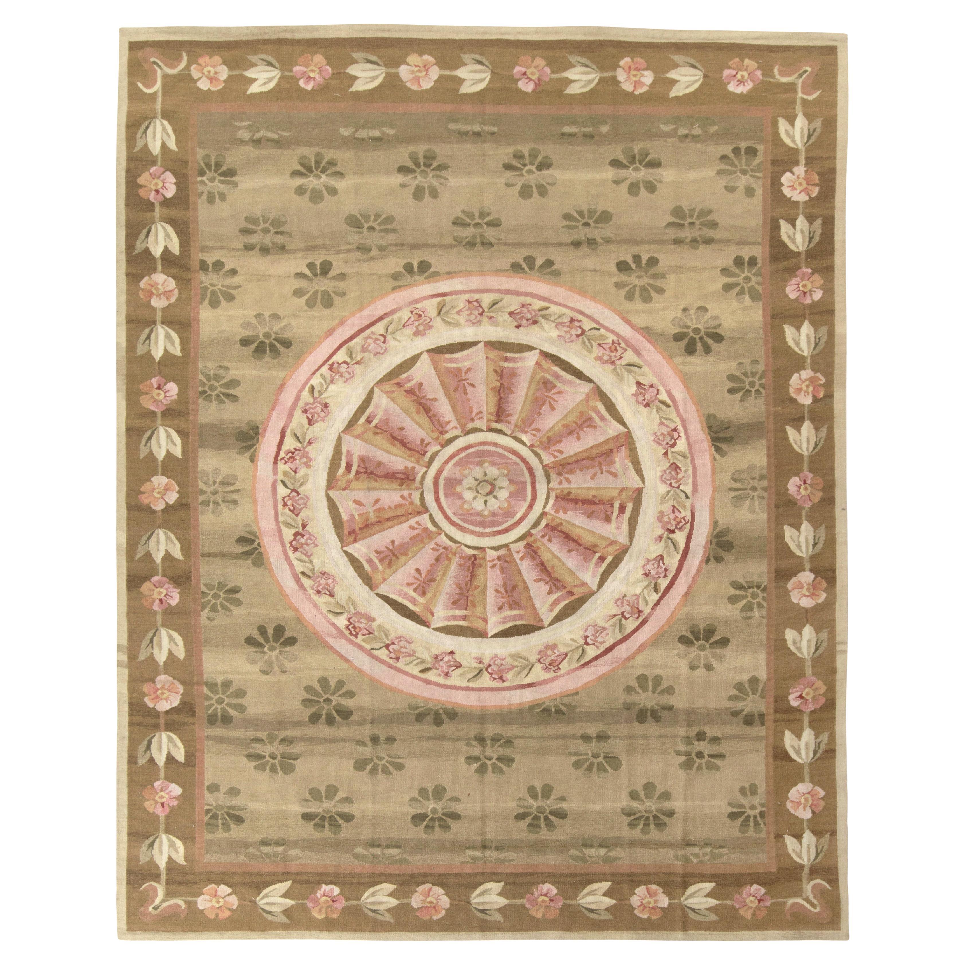 Rug & Kilim’s Aubusson Style Flatweave, Brown, Green, Pink Medallion Pattern For Sale