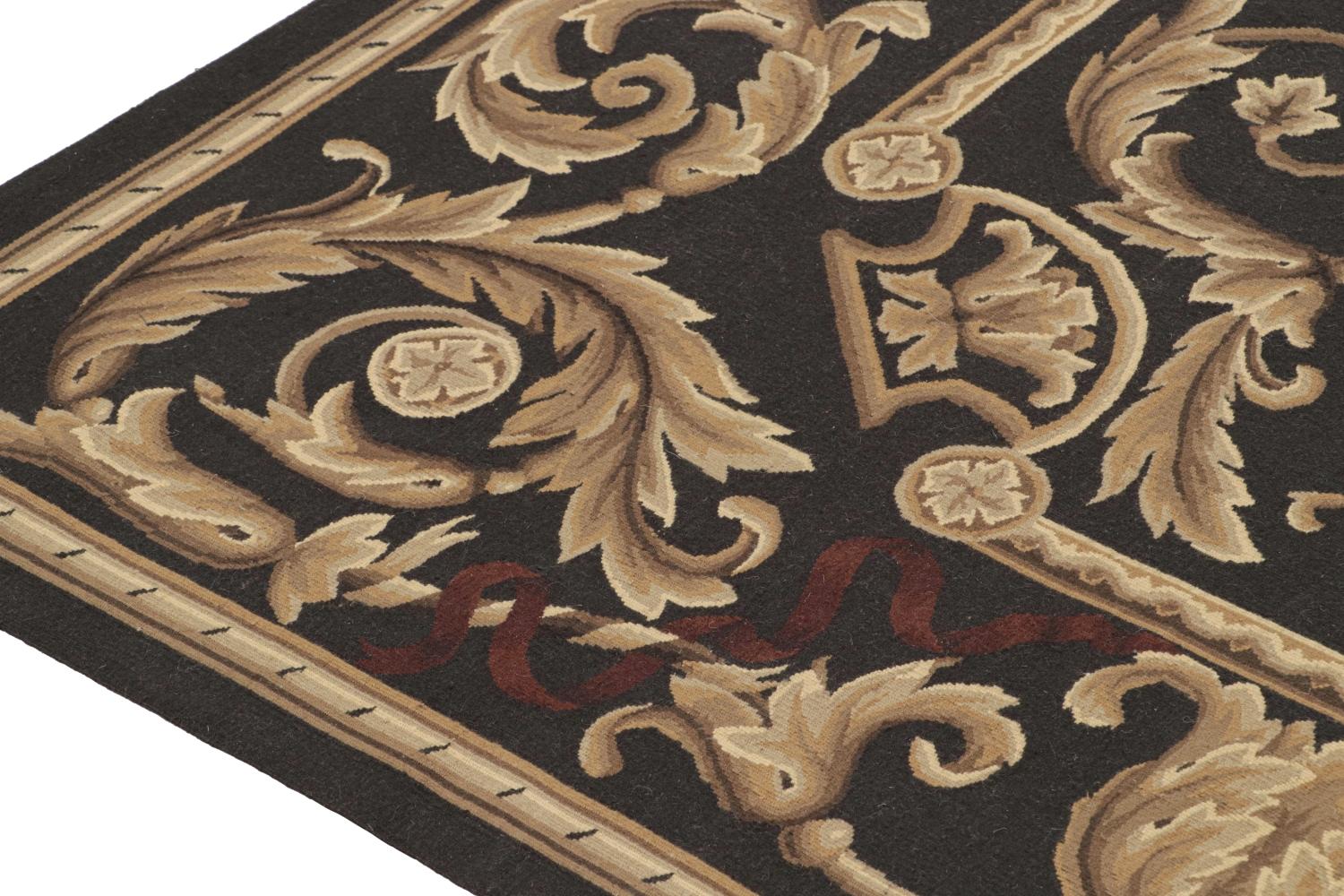 Chinese Rug & Kilim’s Aubusson Style Flatweave in Brown with Medallion & Floral Patterns For Sale