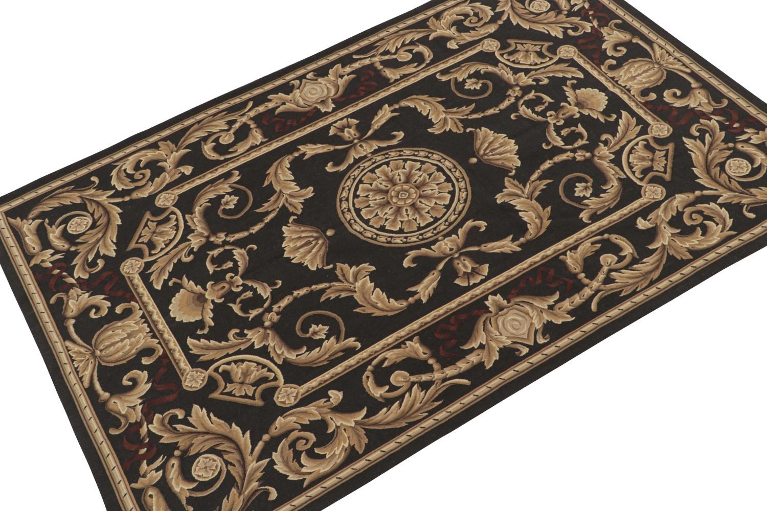 Hand-Knotted Rug & Kilim’s Aubusson Style Flatweave in Brown with Medallion & Floral Patterns For Sale