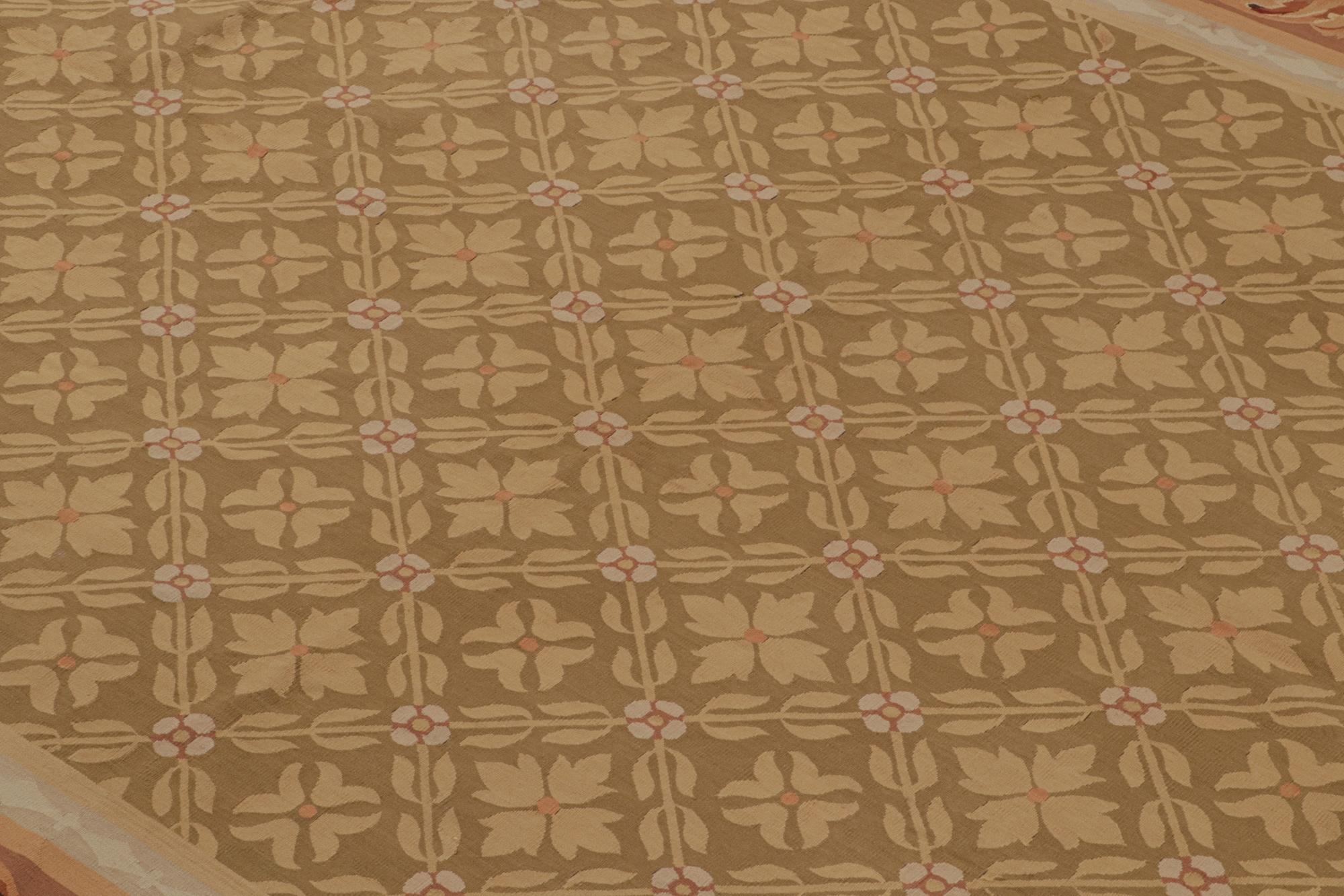 Hand-Knotted Rug & Kilim’s Aubusson Style Flatweave in with Beige-Brown Floral Pattern For Sale