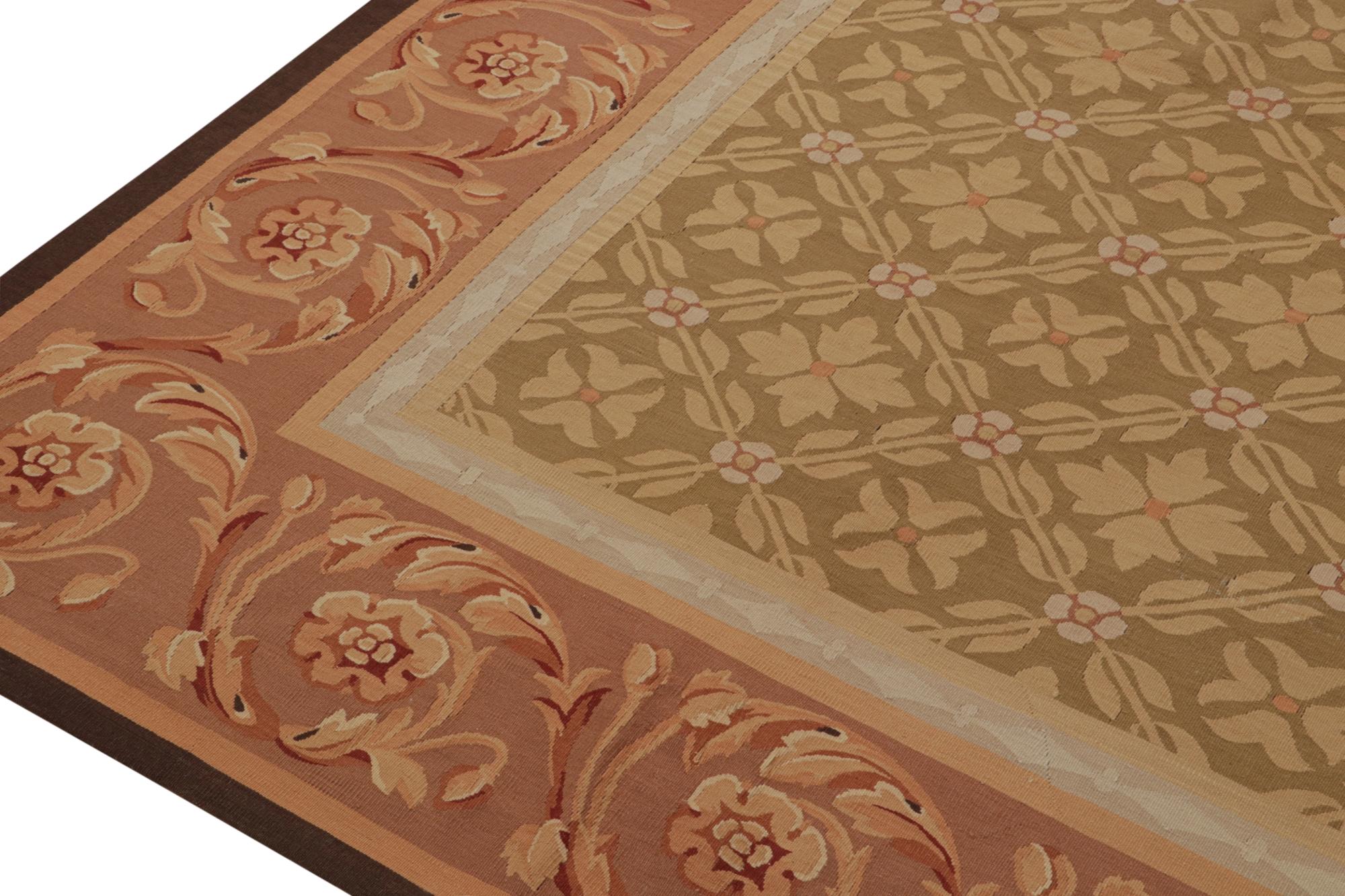 Contemporary Rug & Kilim’s Aubusson Style Flatweave in with Beige-Brown Floral Pattern For Sale