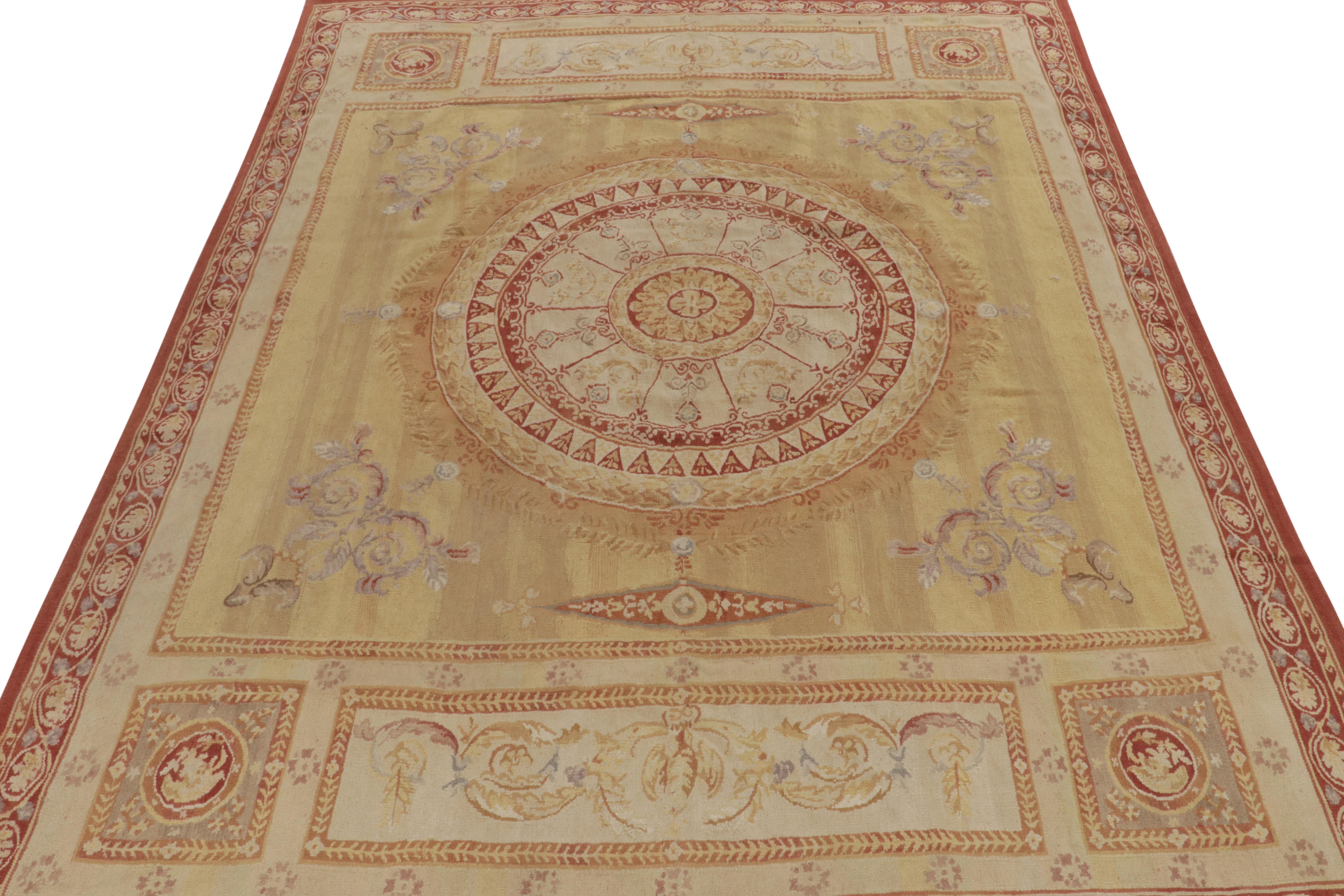 Chinese Rug & Kilim's Aubusson Style Flatweave Rug in Beige-Brown, Red Floral Medallion For Sale