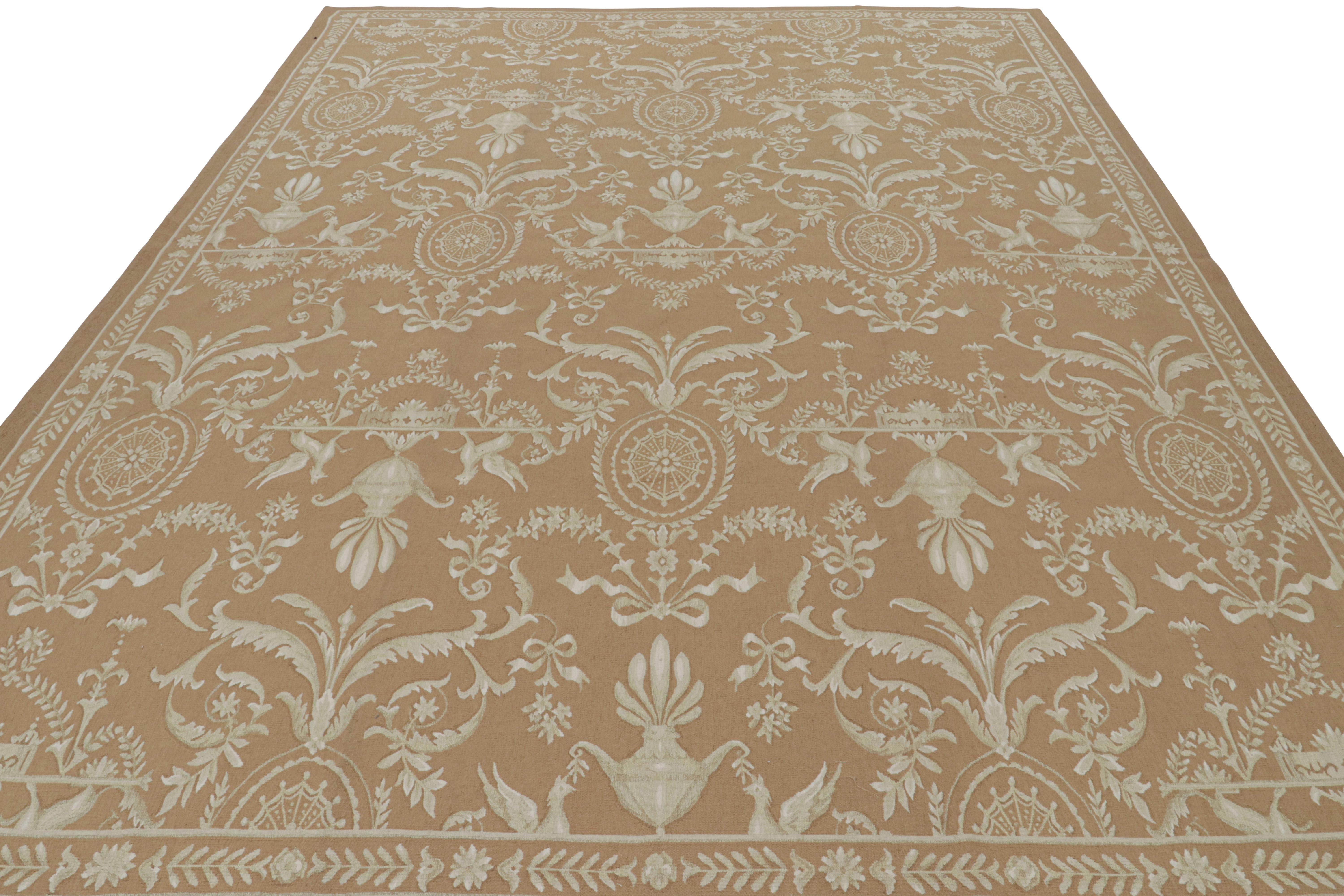 Modern Rug & Kilim’s Aubusson Style Flatweave Rug in Brown with Beige Floral Patterns For Sale