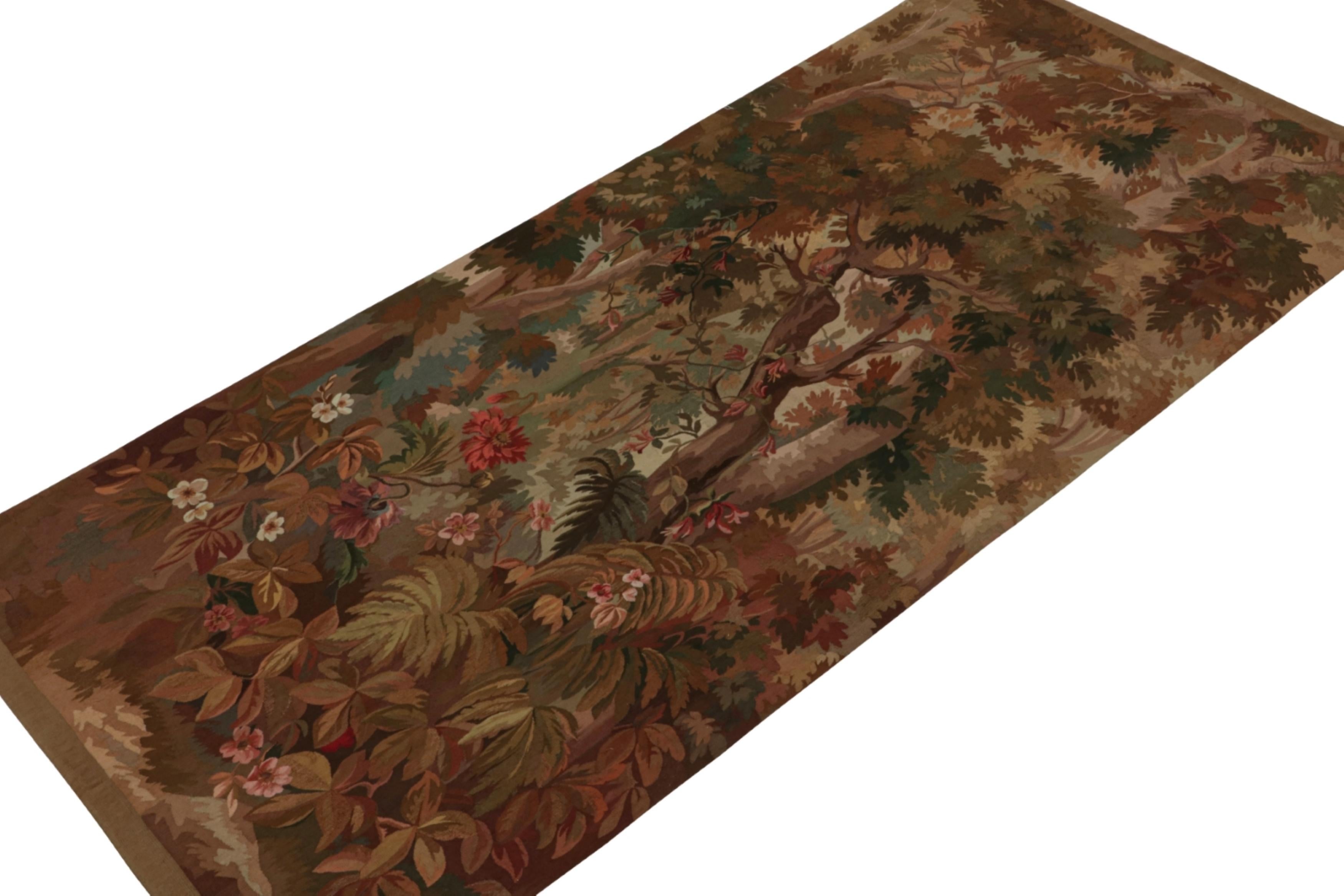 Handwoven in wool, this 5x10 rug from the European Collection by Rug & Kilim is inspired by antique Aubusson flatweaves. Its design favors rich browns and dark greens in a vivid pictorial drawing of a forest and its florals. 

On the design: