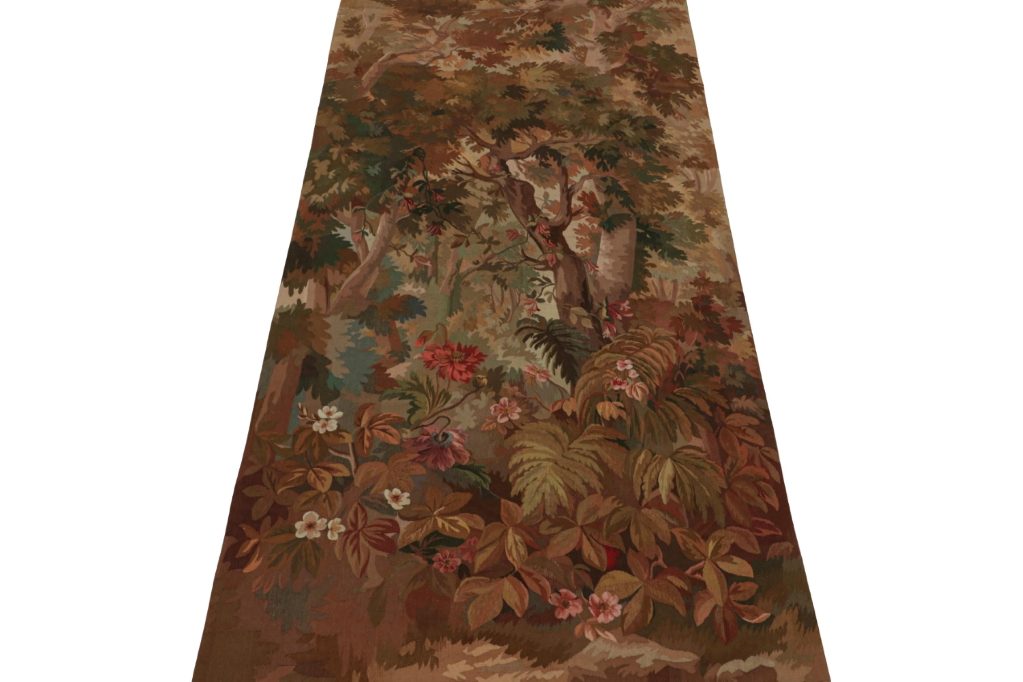 French Rug & Kilim’s Aubusson-Style Flatweave Rug in Brown with Rich Floral Pictorial For Sale