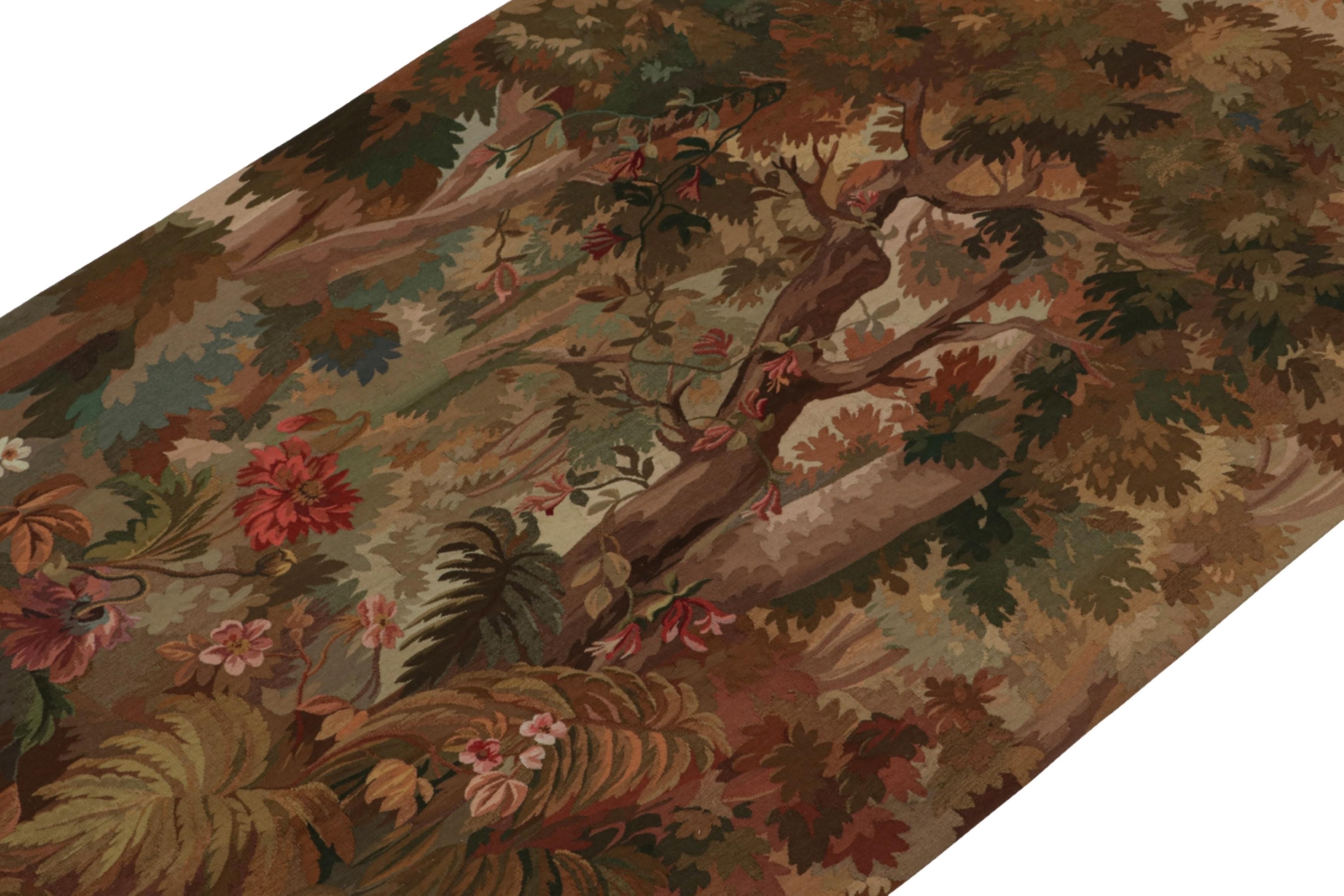 Hand-Woven Rug & Kilim’s Aubusson-Style Flatweave Rug in Brown with Rich Floral Pictorial For Sale