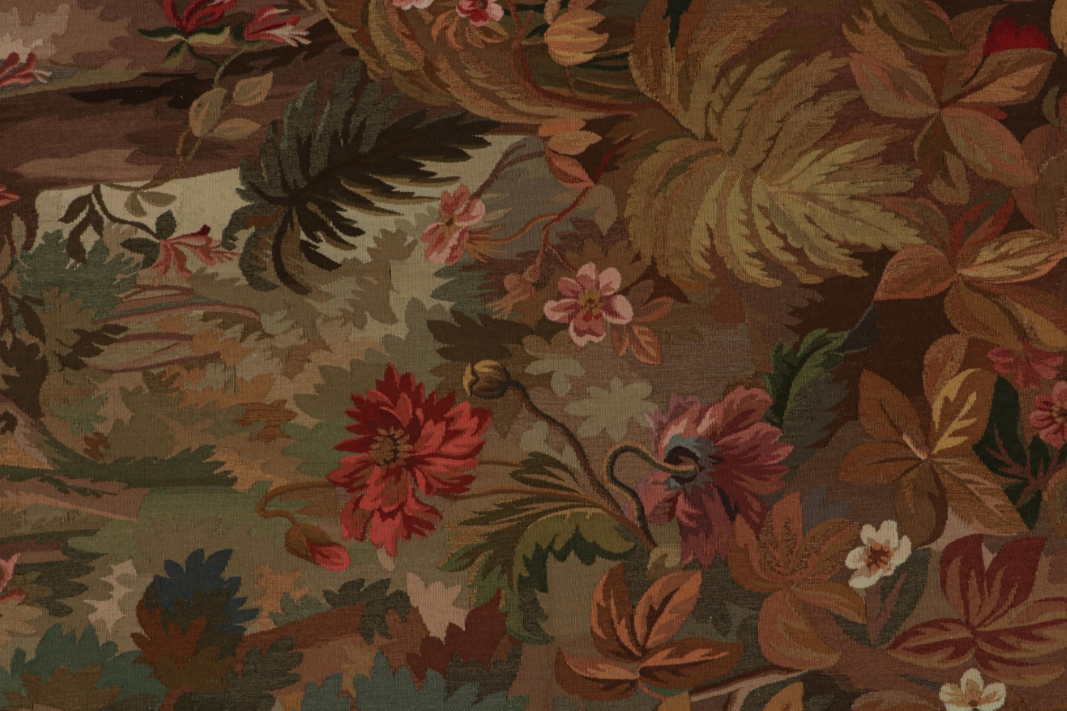 Contemporary Rug & Kilim’s Aubusson-Style Flatweave Rug in Brown with Rich Floral Pictorial For Sale