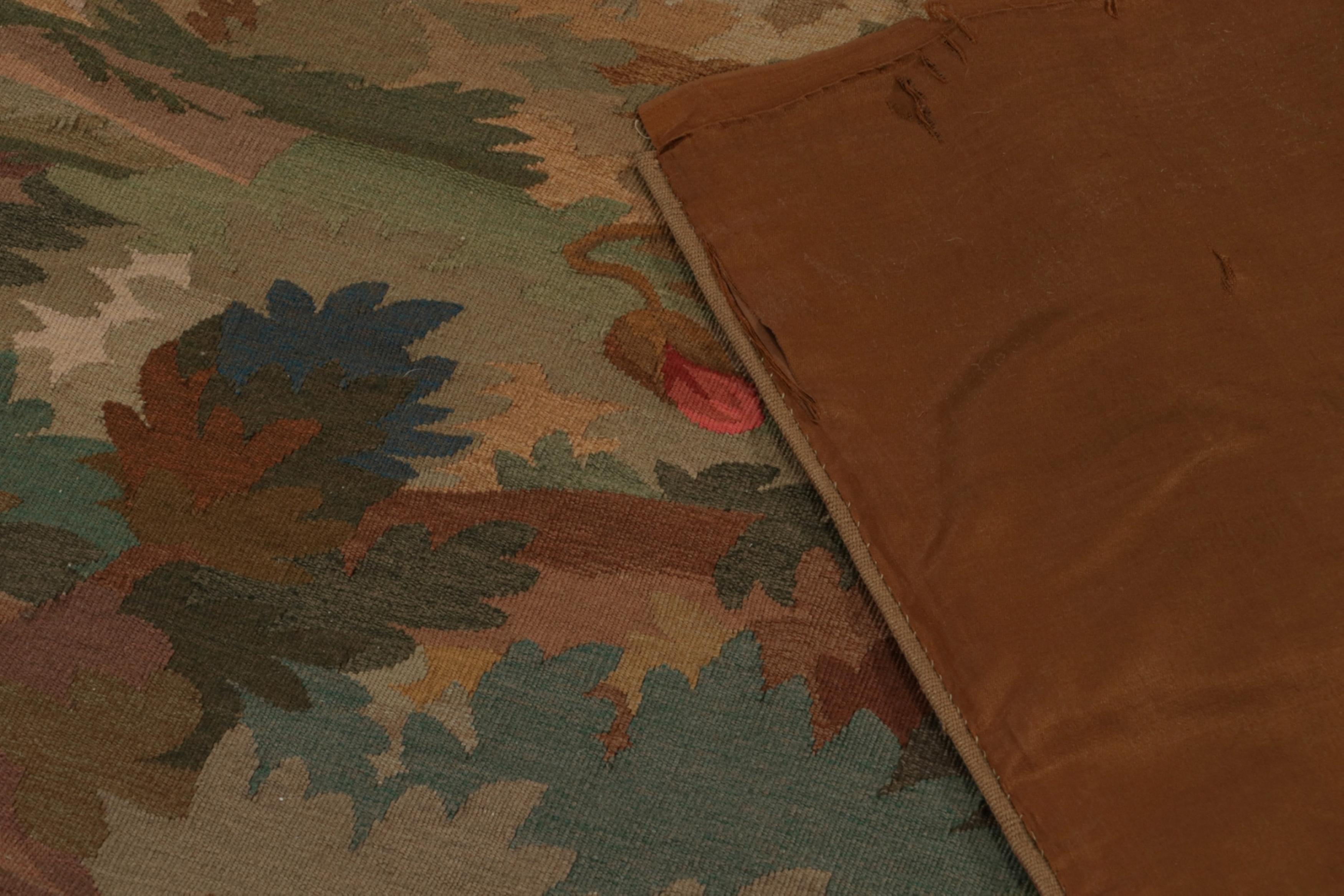 Wool Rug & Kilim’s Aubusson-Style Flatweave Rug in Brown with Rich Floral Pictorial For Sale