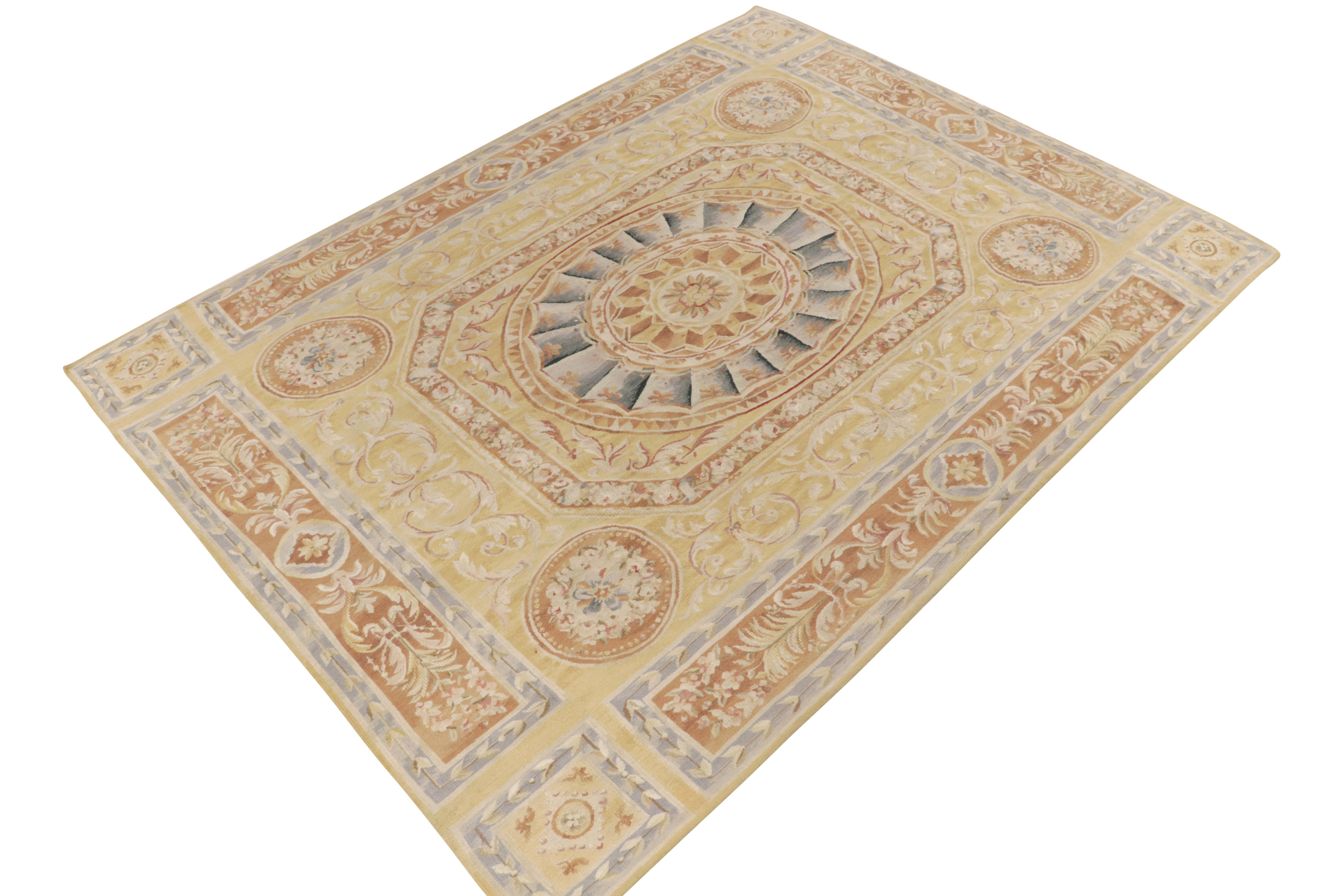 Chinese Rug & Kilim's Aubusson Style Flatweave Rug in Gold, Beige-Brown & Blue Florals For Sale